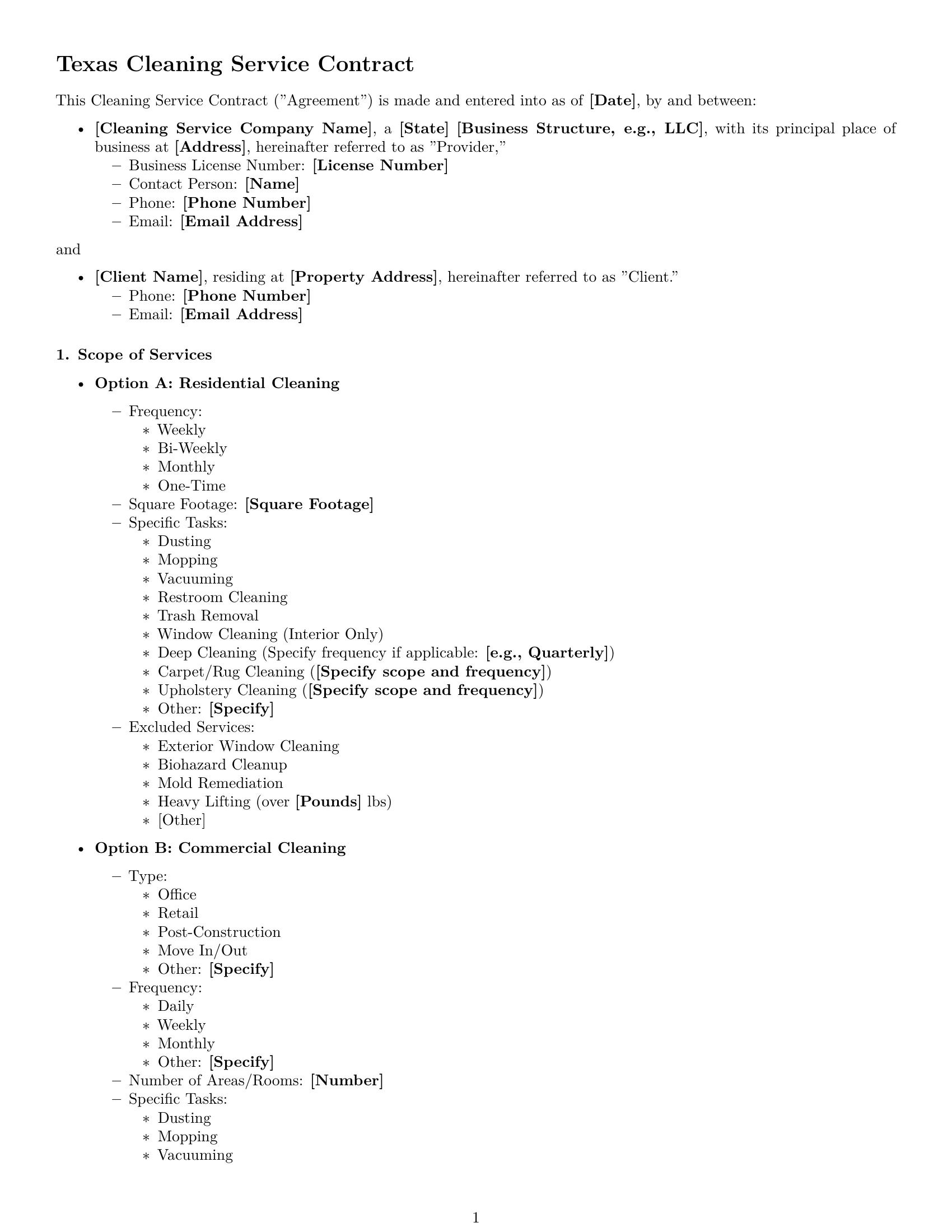 Preview page 1 of Free Texas cleaning service contract template