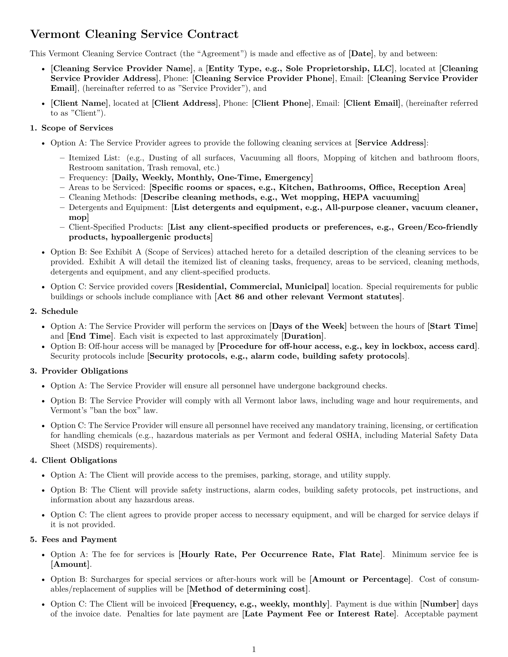 Preview page 1 of Free Vermont cleaning service contract template