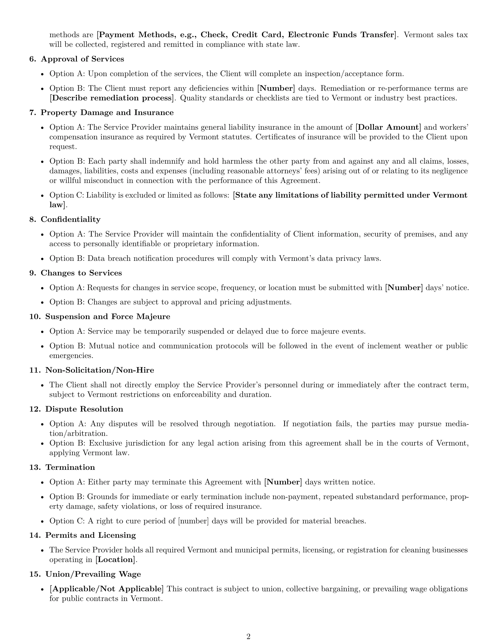 Preview page 2 of Free Vermont cleaning service contract template