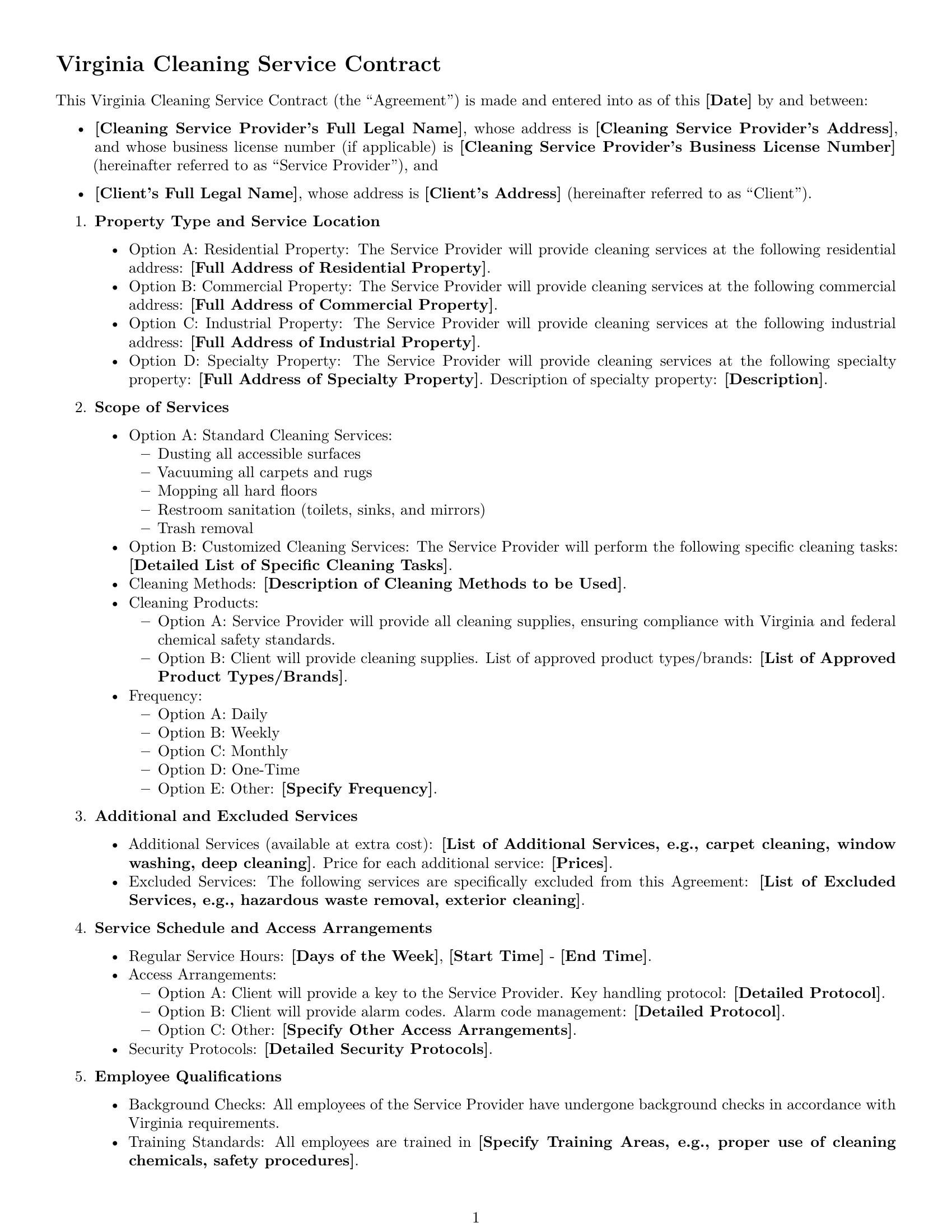 Preview page 1 of Free Virginia cleaning service contract template