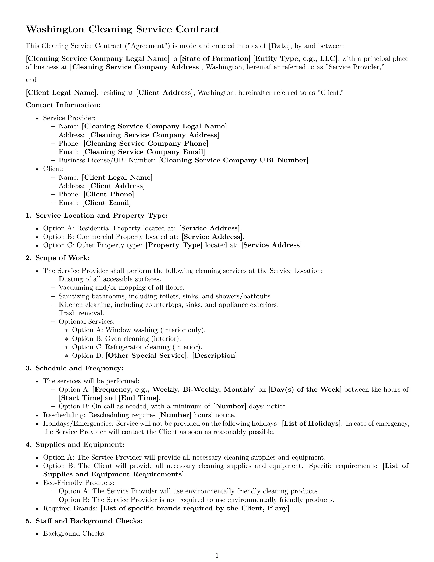 Preview page 1 of Free Washington cleaning service contract template