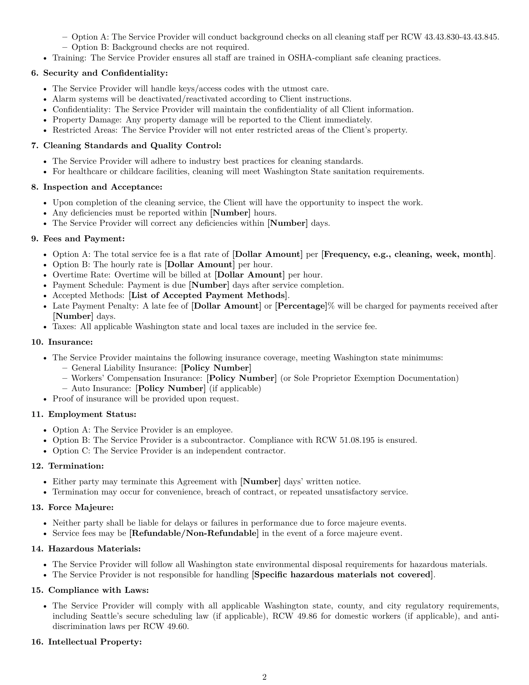 Preview page 2 of Free Washington cleaning service contract template