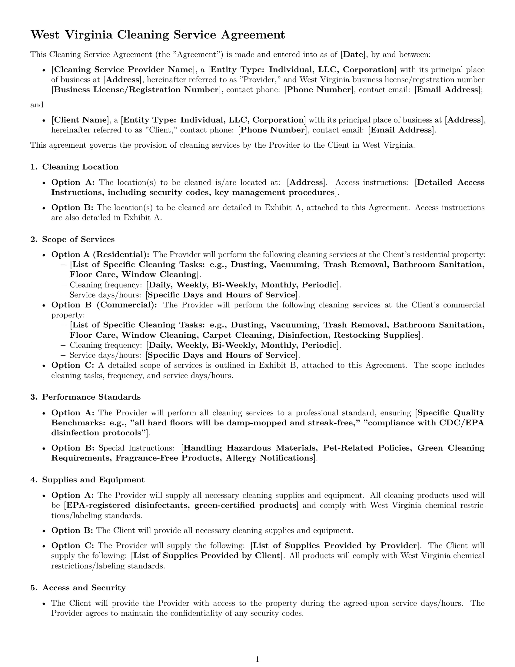 Preview page 1 of Free West Virginia cleaning service contract template