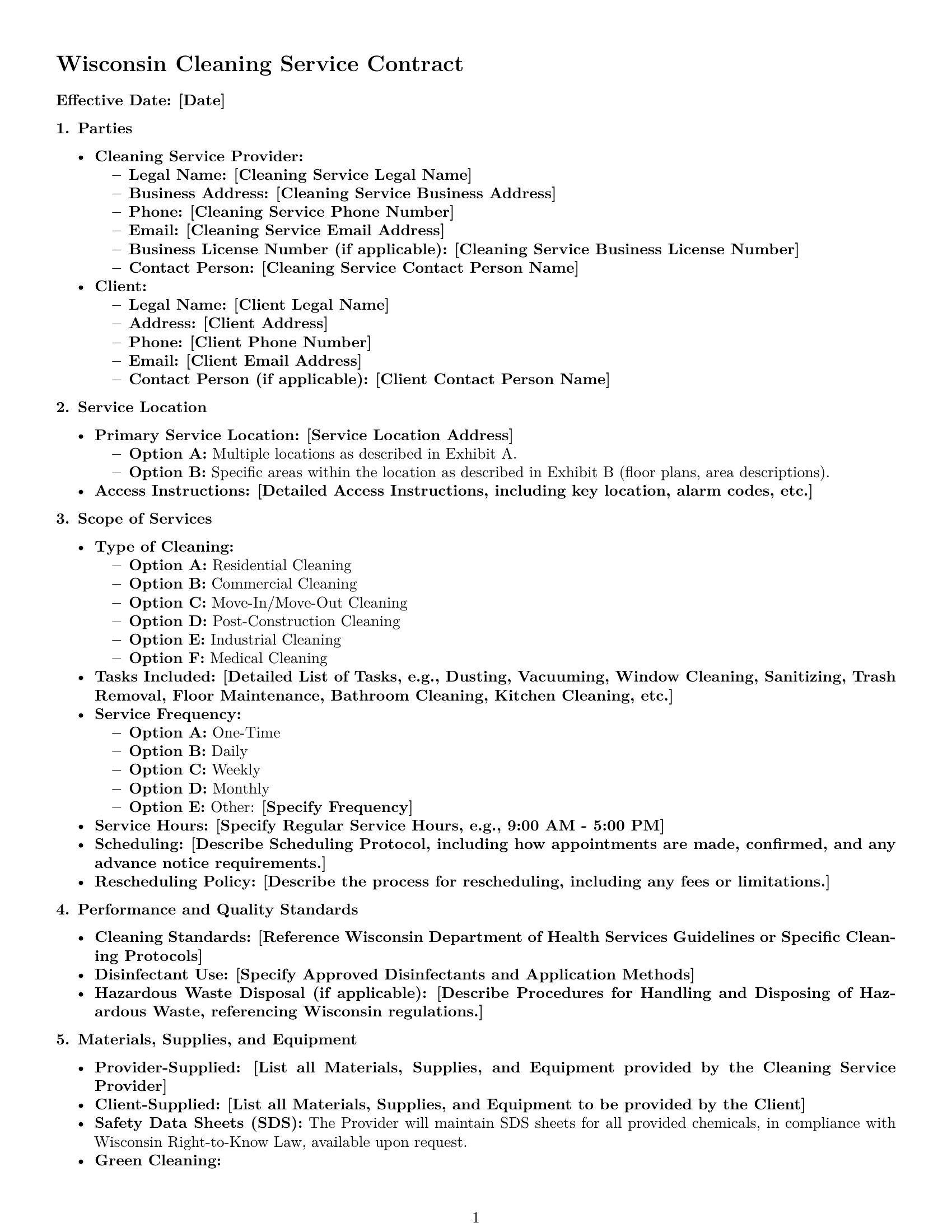 Preview page 1 of Free Wisconsin cleaning service contract template