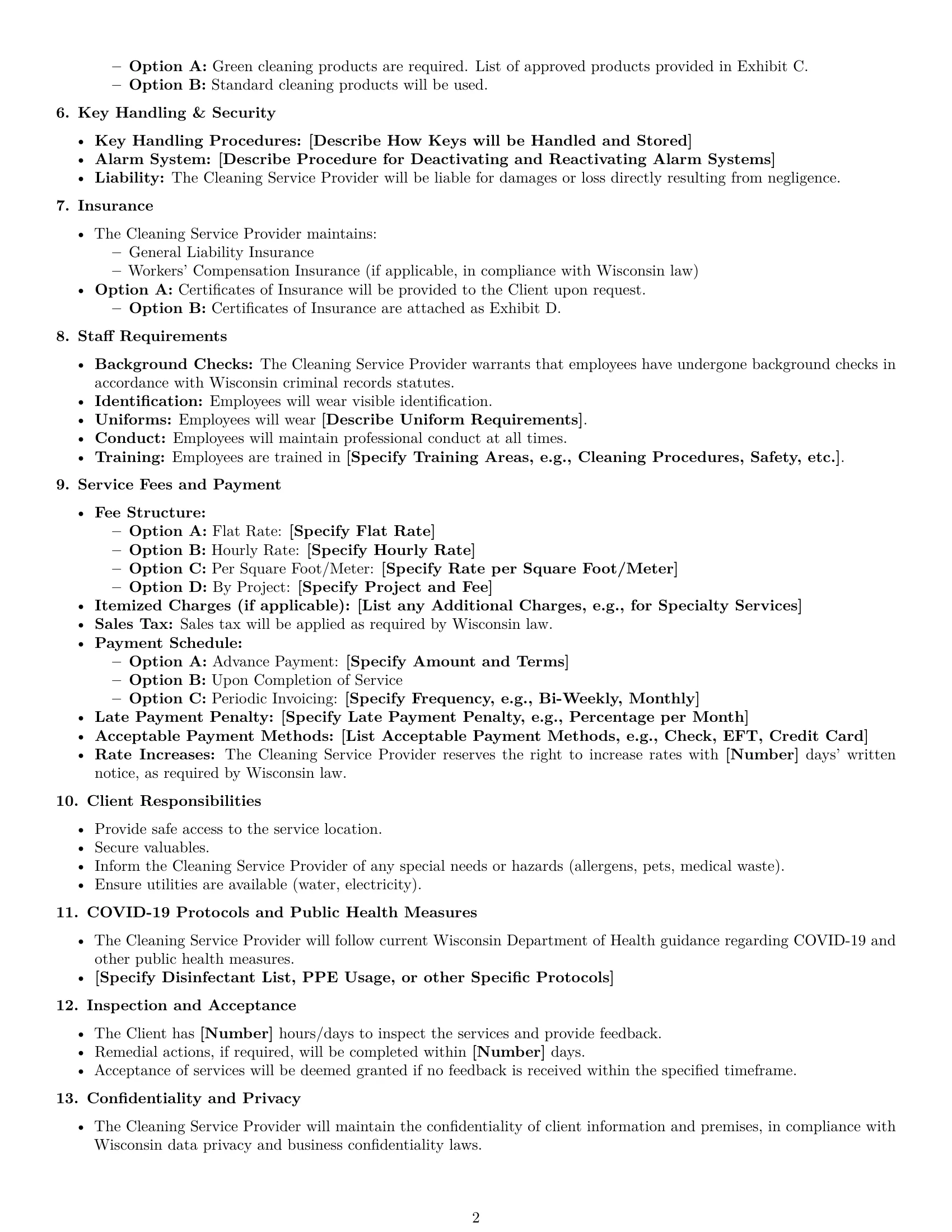 Preview page 2 of Free Wisconsin cleaning service contract template