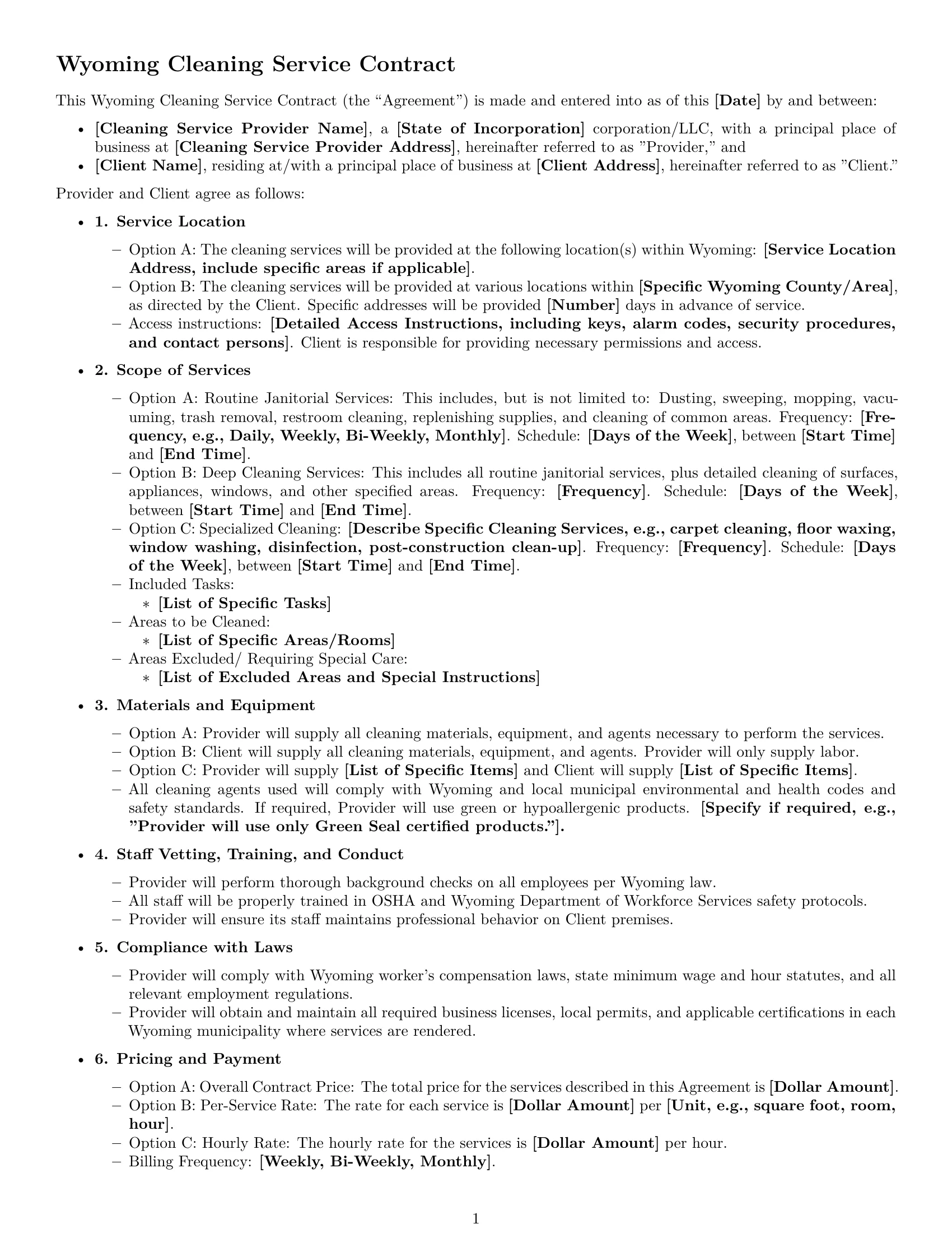 Preview page 1 of Free Wyoming cleaning service contract template