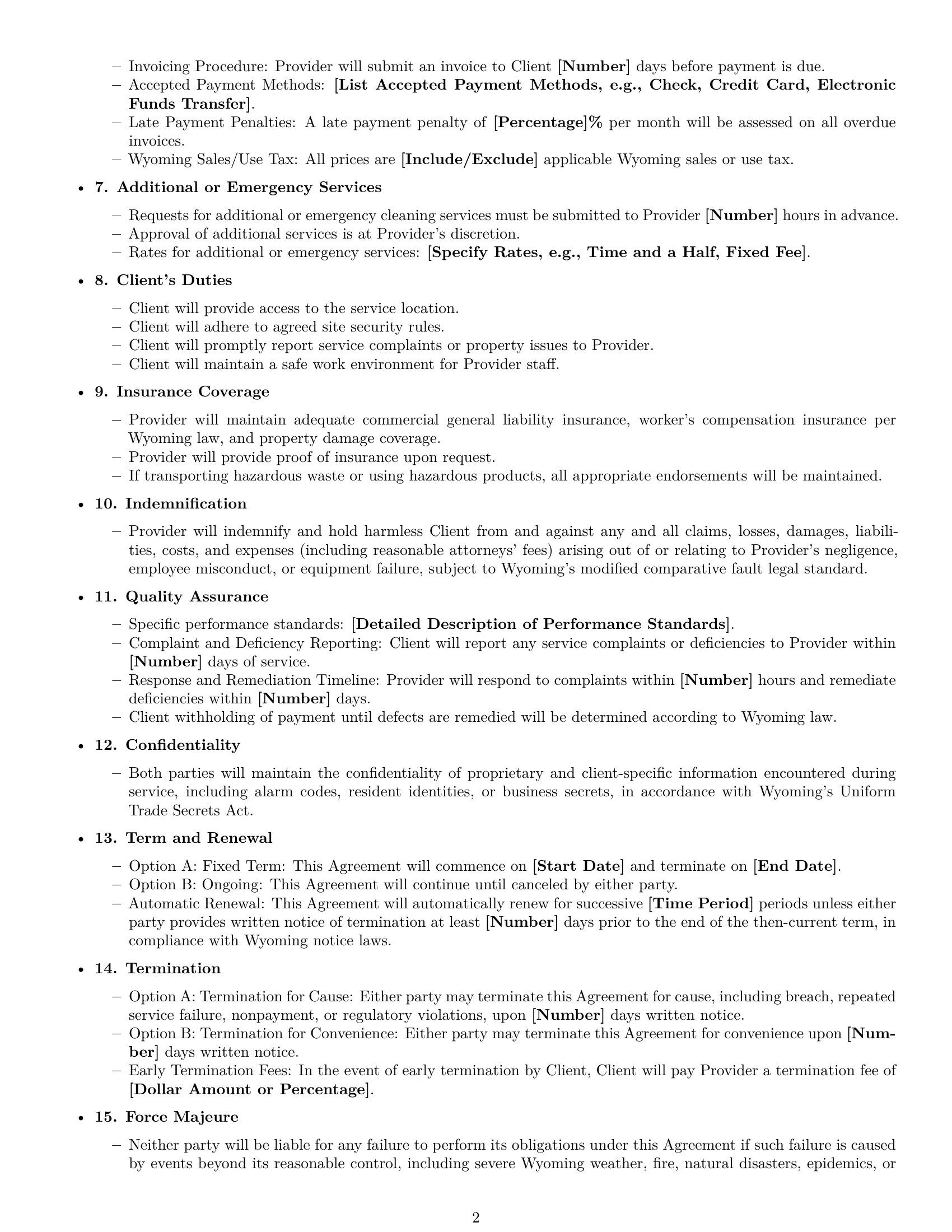 Preview page 2 of Free Wyoming cleaning service contract template