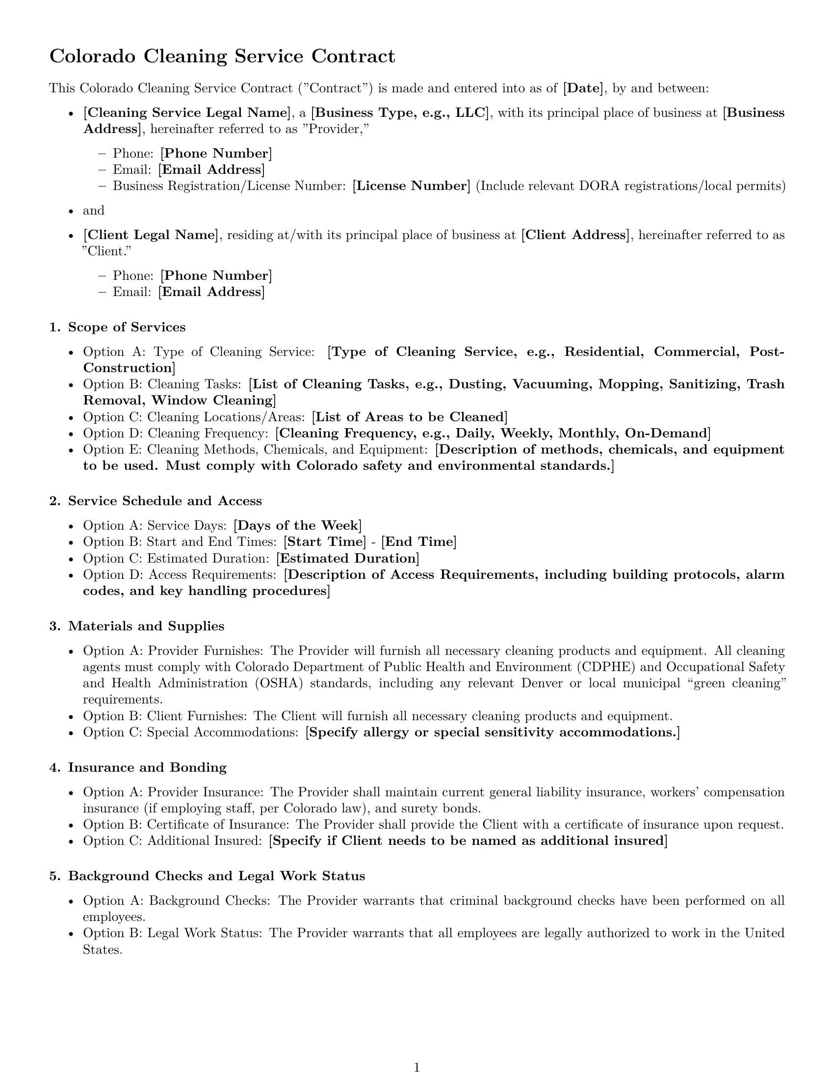Preview page 1 of Free Colorado cleaning service contract template