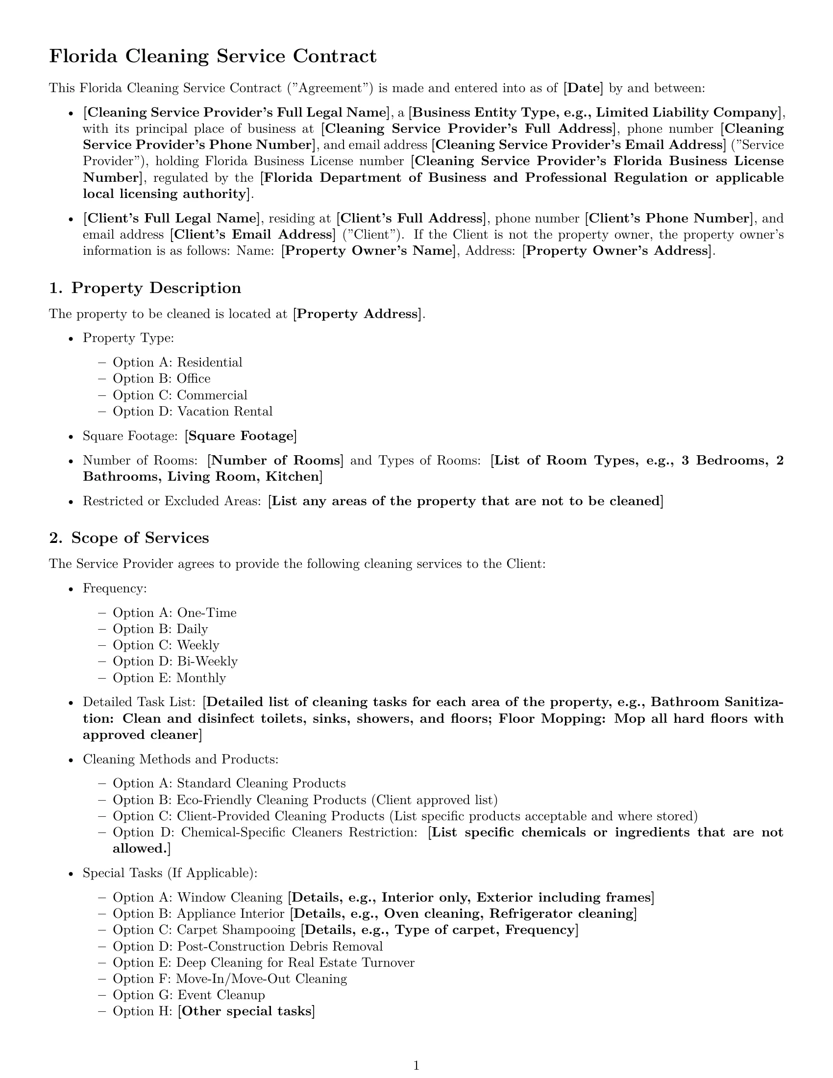 Preview page 1 of Free Florida cleaning service contract template