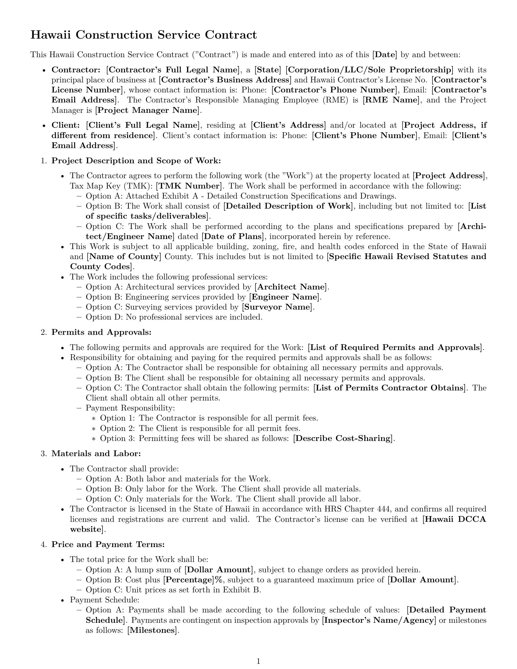 Preview page 1 of Free Hawaii construction service contract template