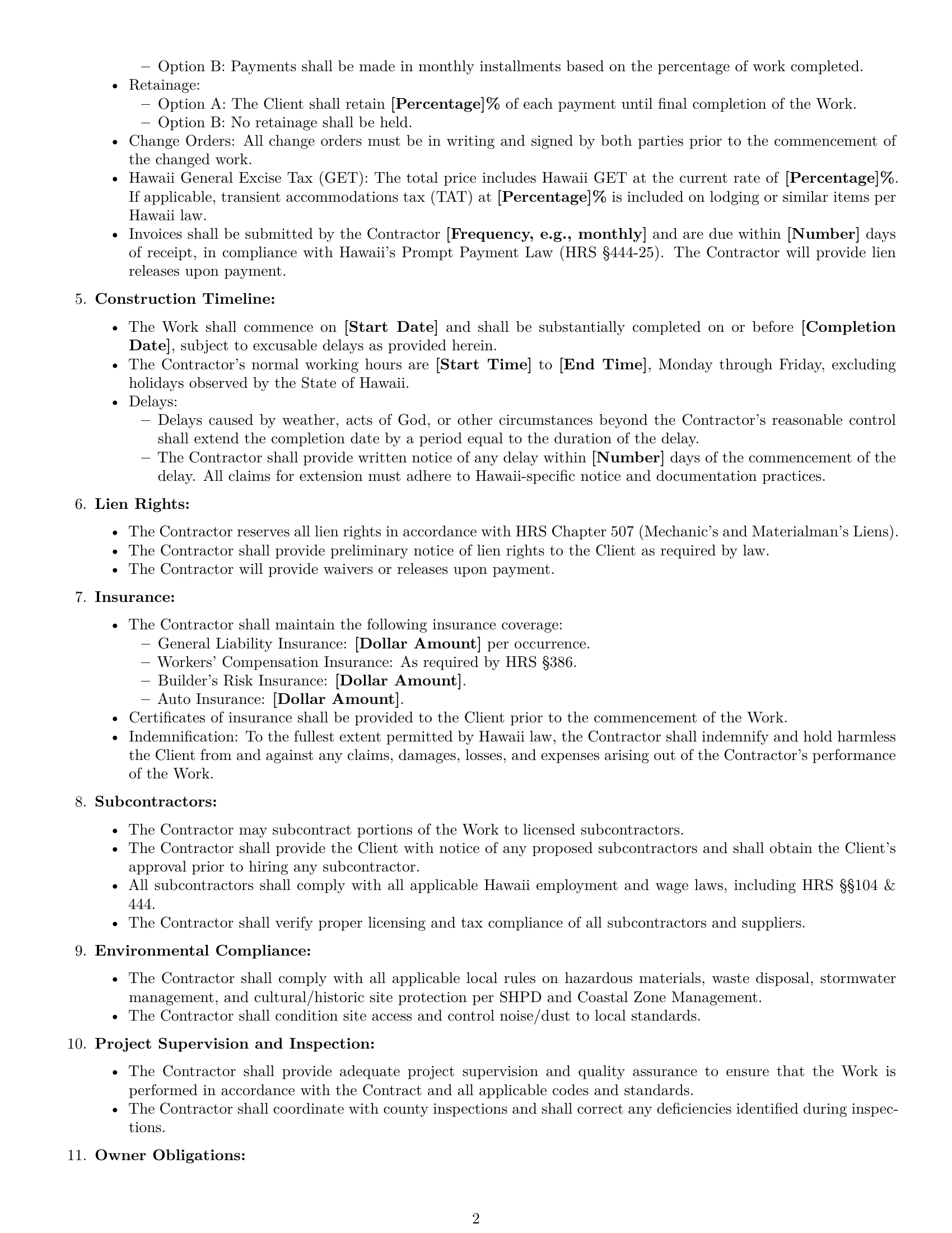 Preview page 2 of Free Hawaii construction service contract template