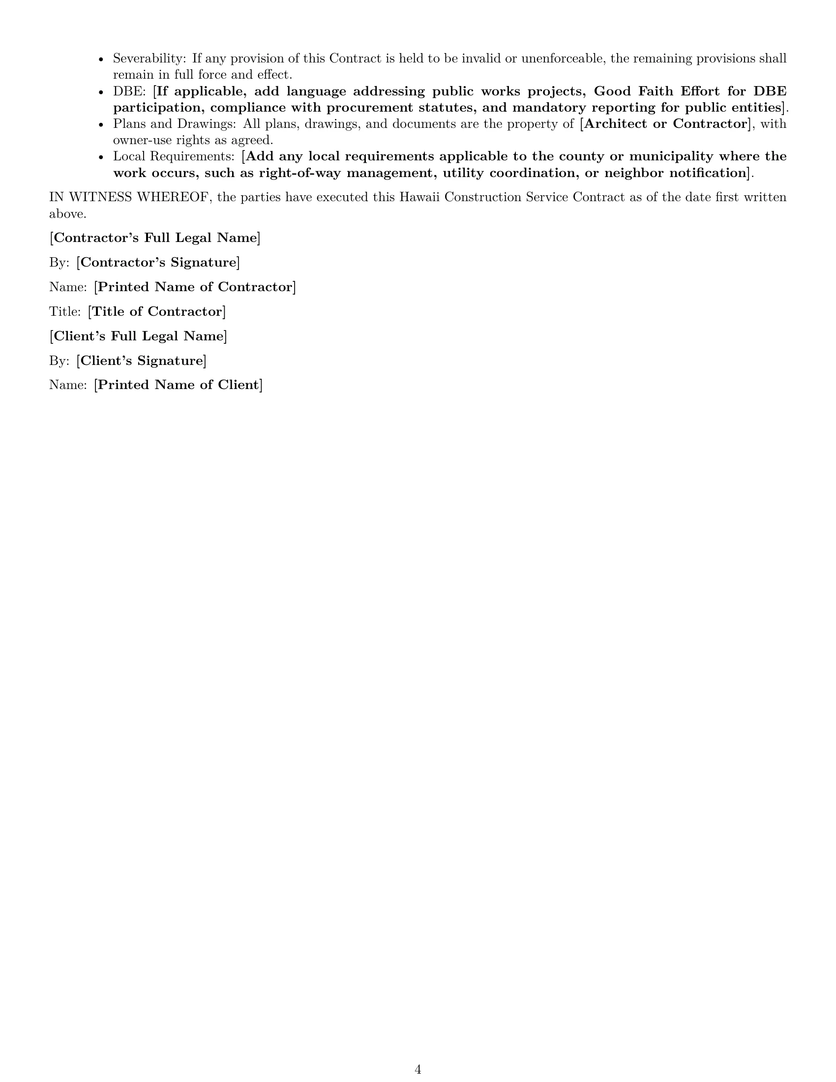 Preview page 4 of Free Hawaii construction service contract template