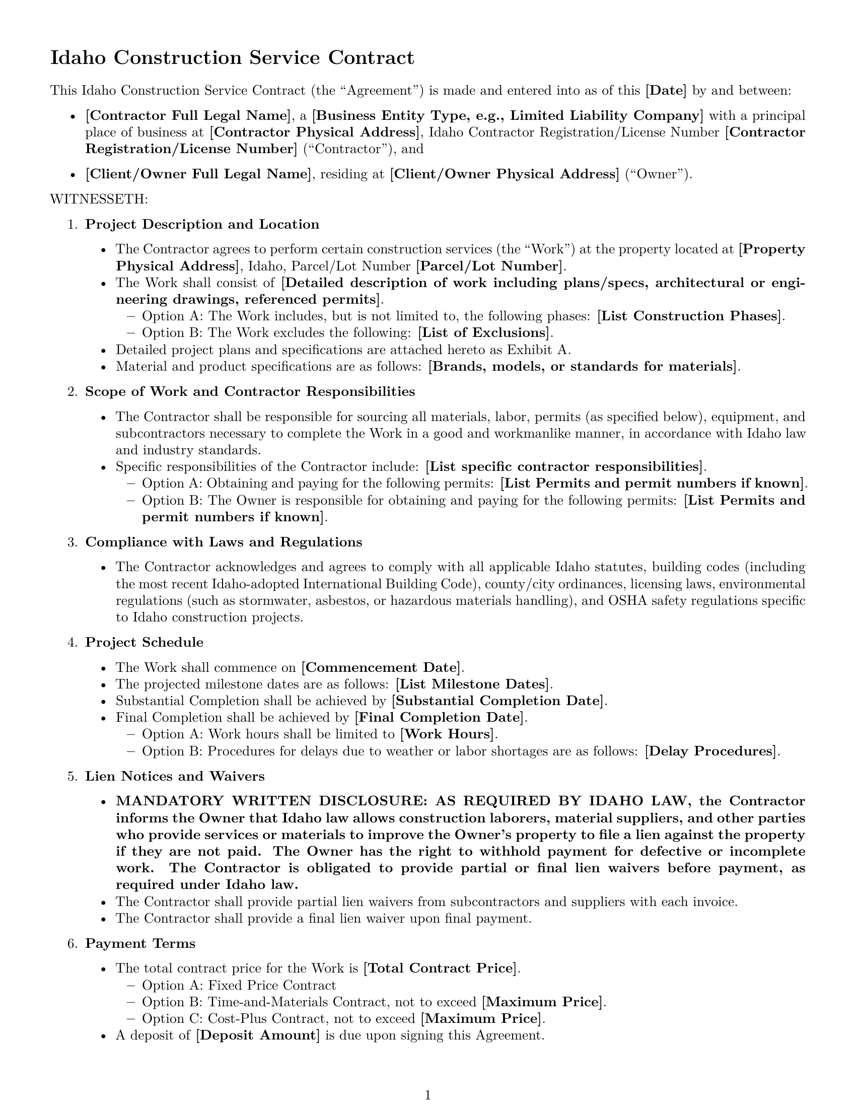 Preview page 1 of Free Idaho construction service contract template