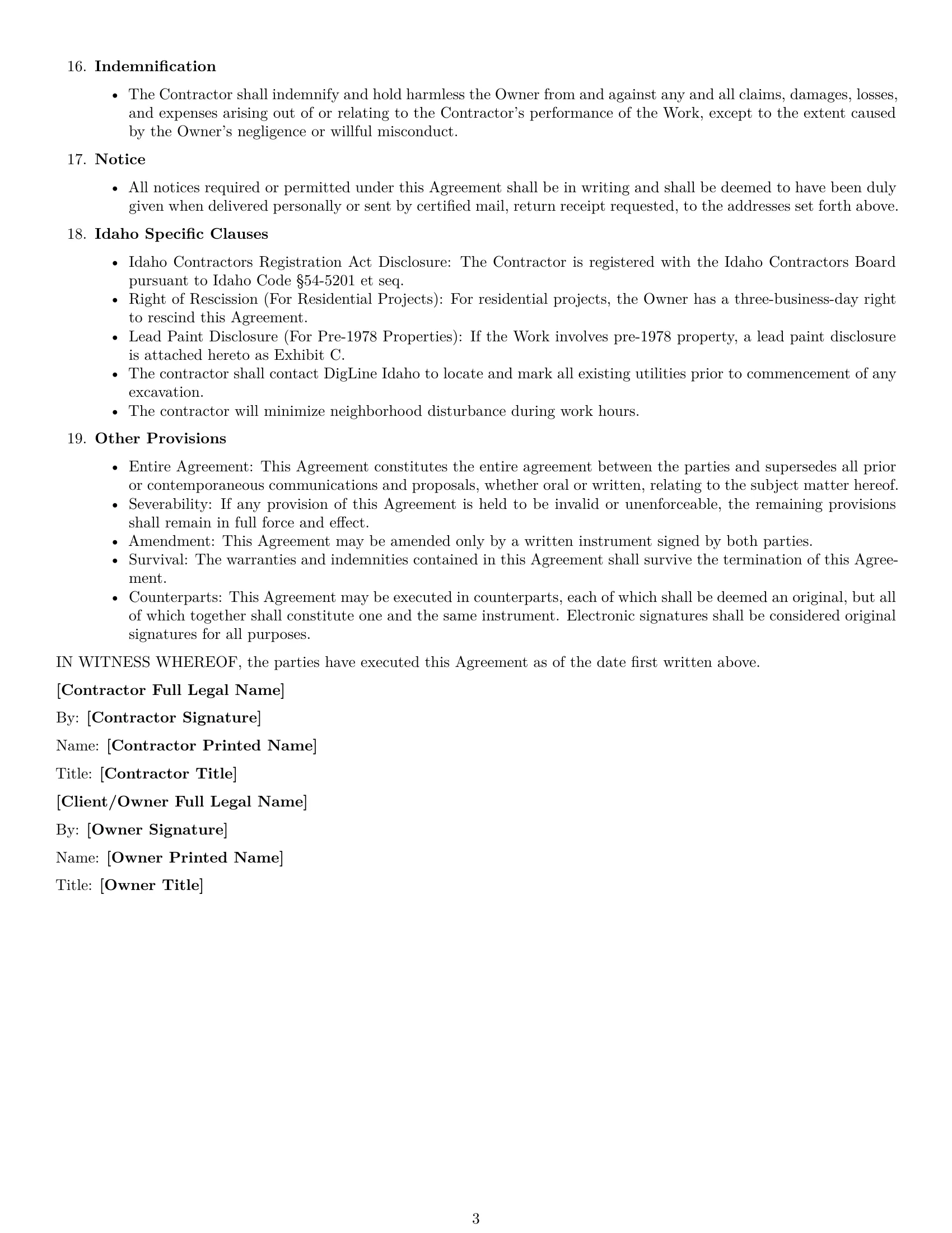 Preview page 3 of Free Idaho construction service contract template