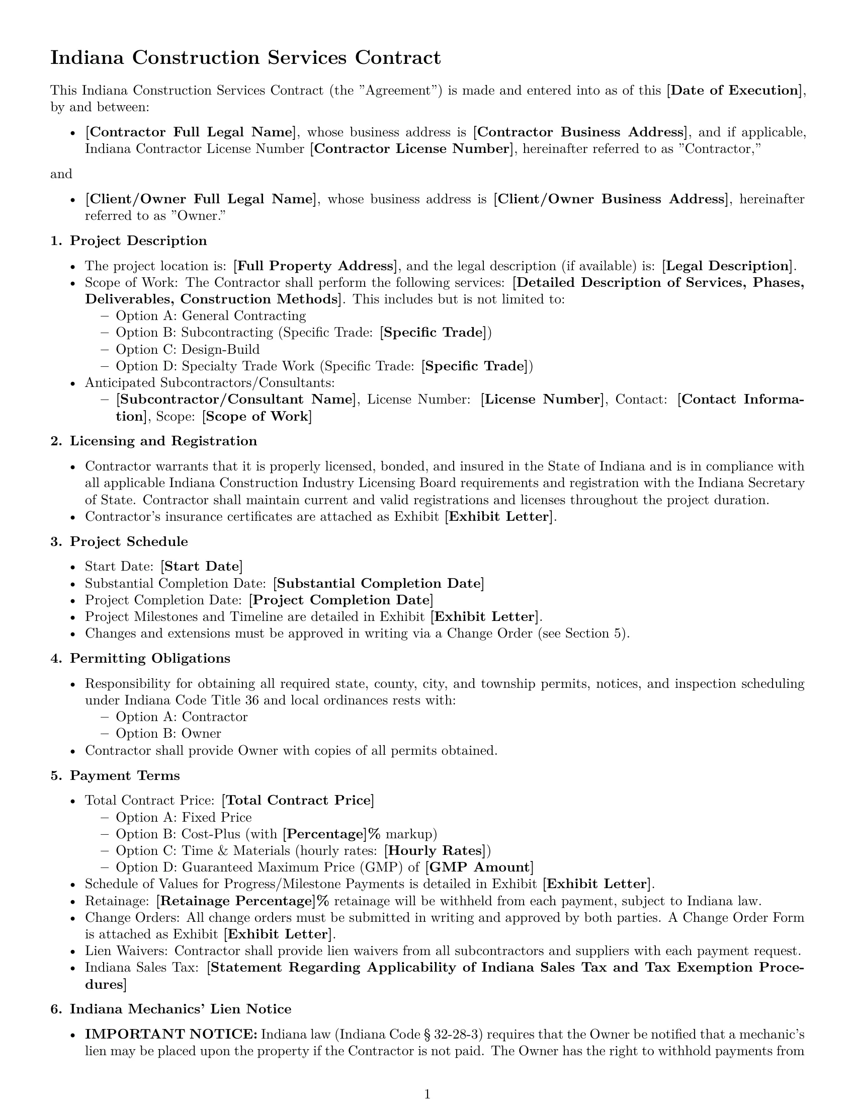 Preview page 1 of Free Indiana construction service contract template
