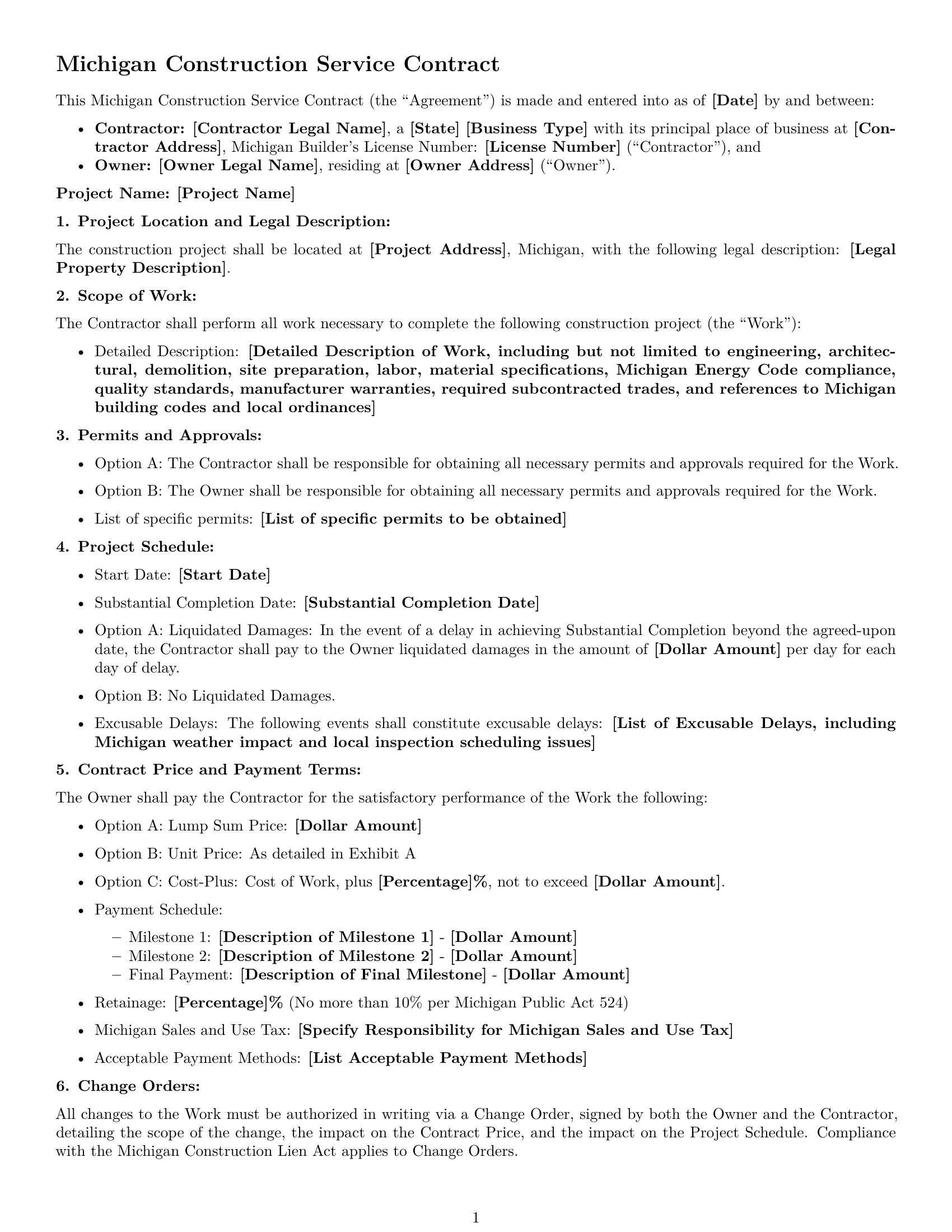 Preview page 1 of Free Michigan construction service contract template