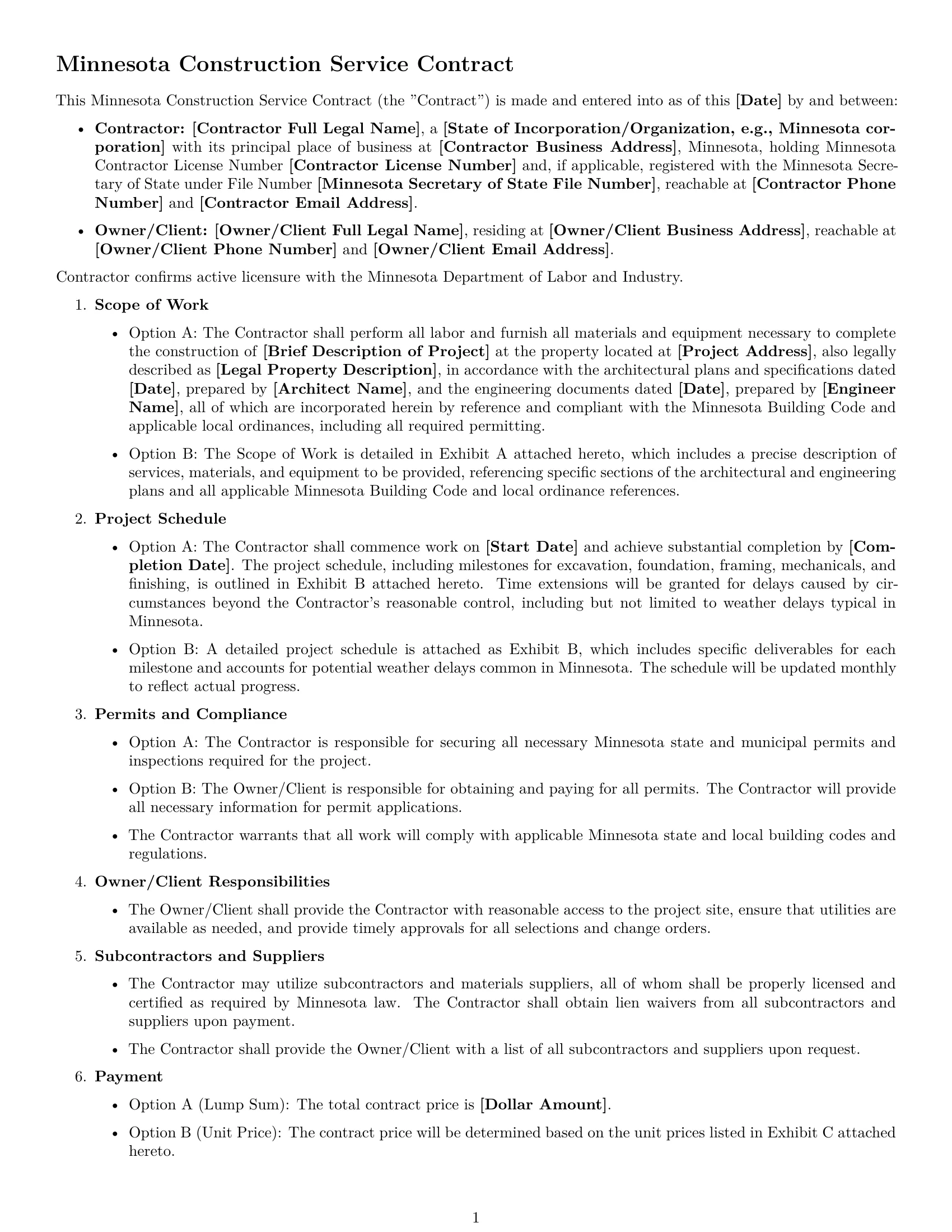 Preview page 1 of Free Minnesota construction service contract template