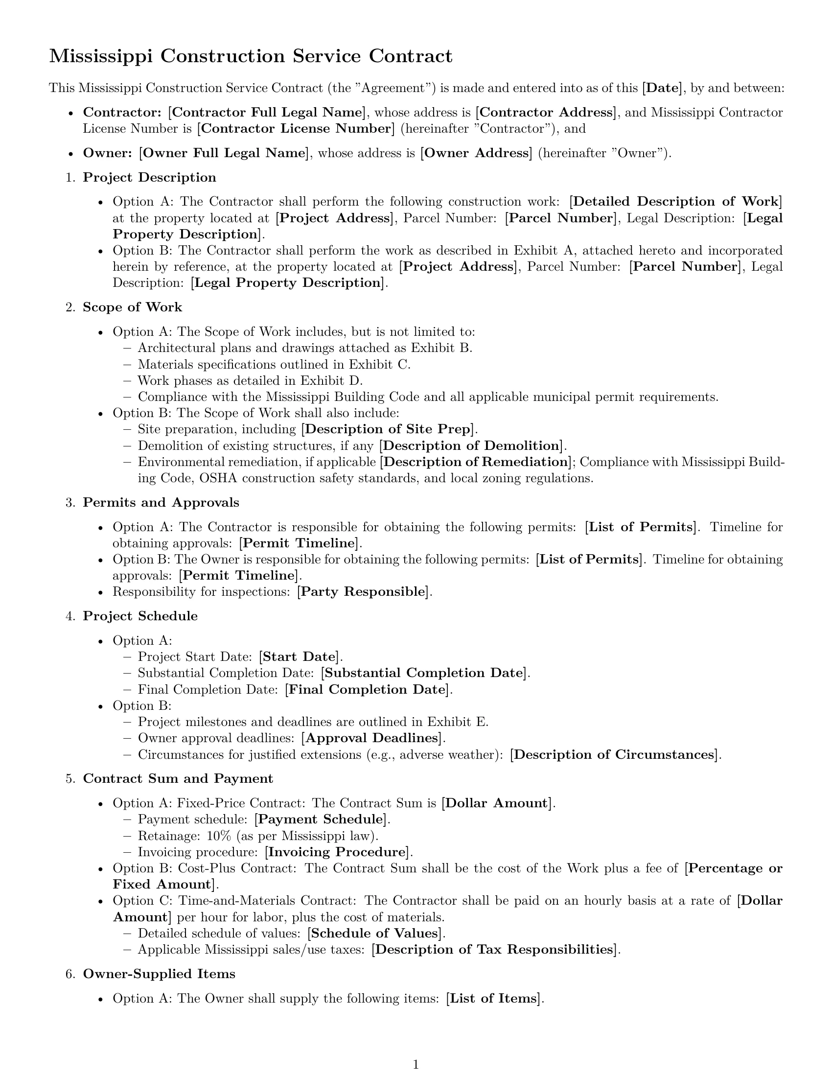 Preview page 1 of Free Mississippi construction service contract template