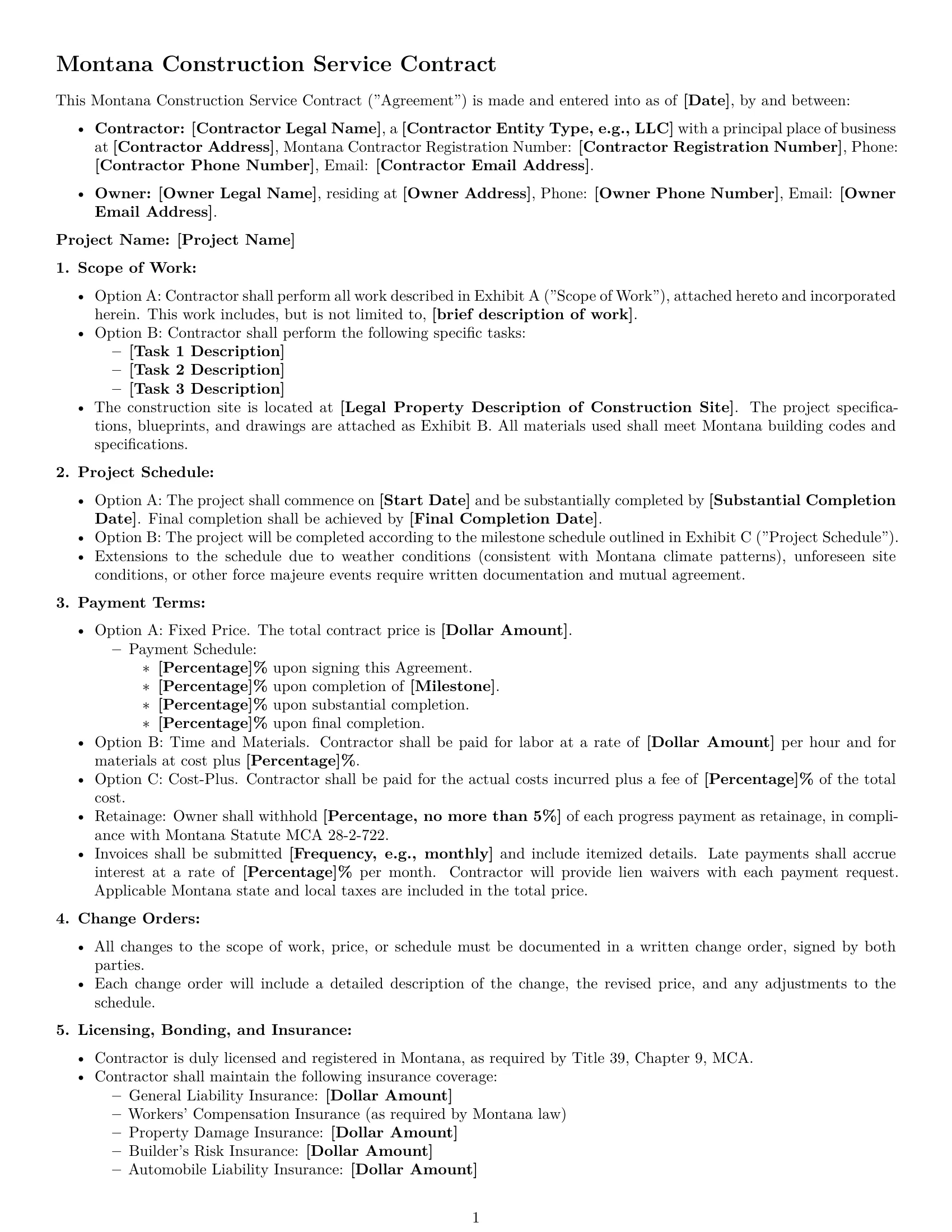 Preview page 1 of Free Montana construction service contract template