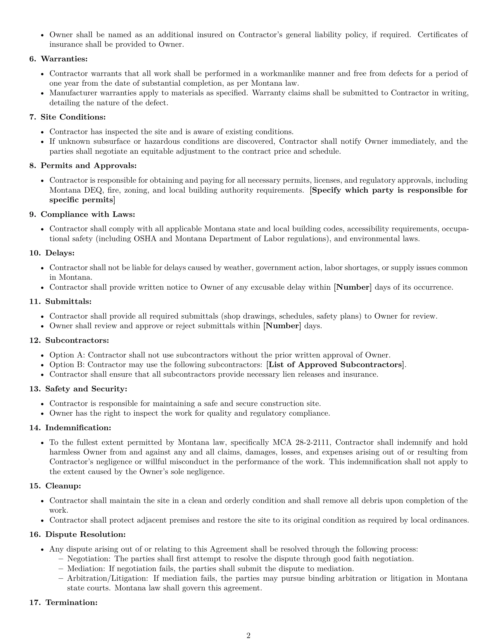 Preview page 2 of Free Montana construction service contract template