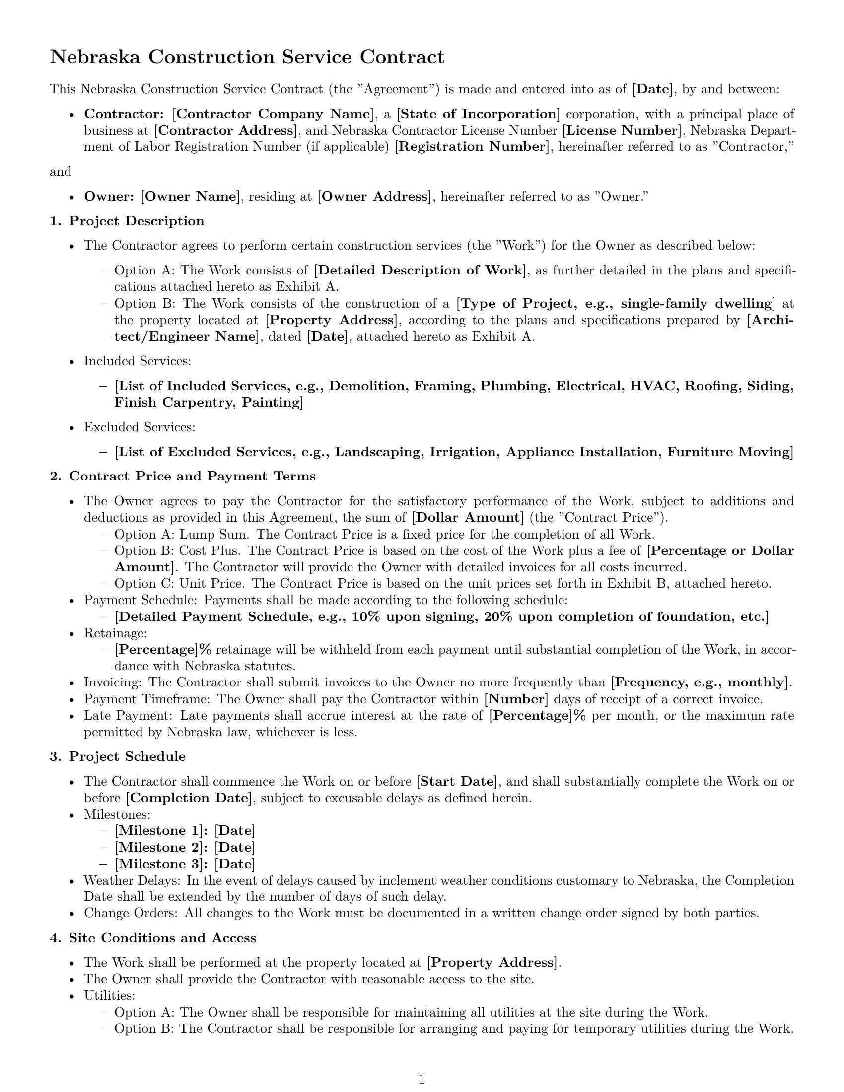 Preview page 1 of Free Nebraska construction service contract template
