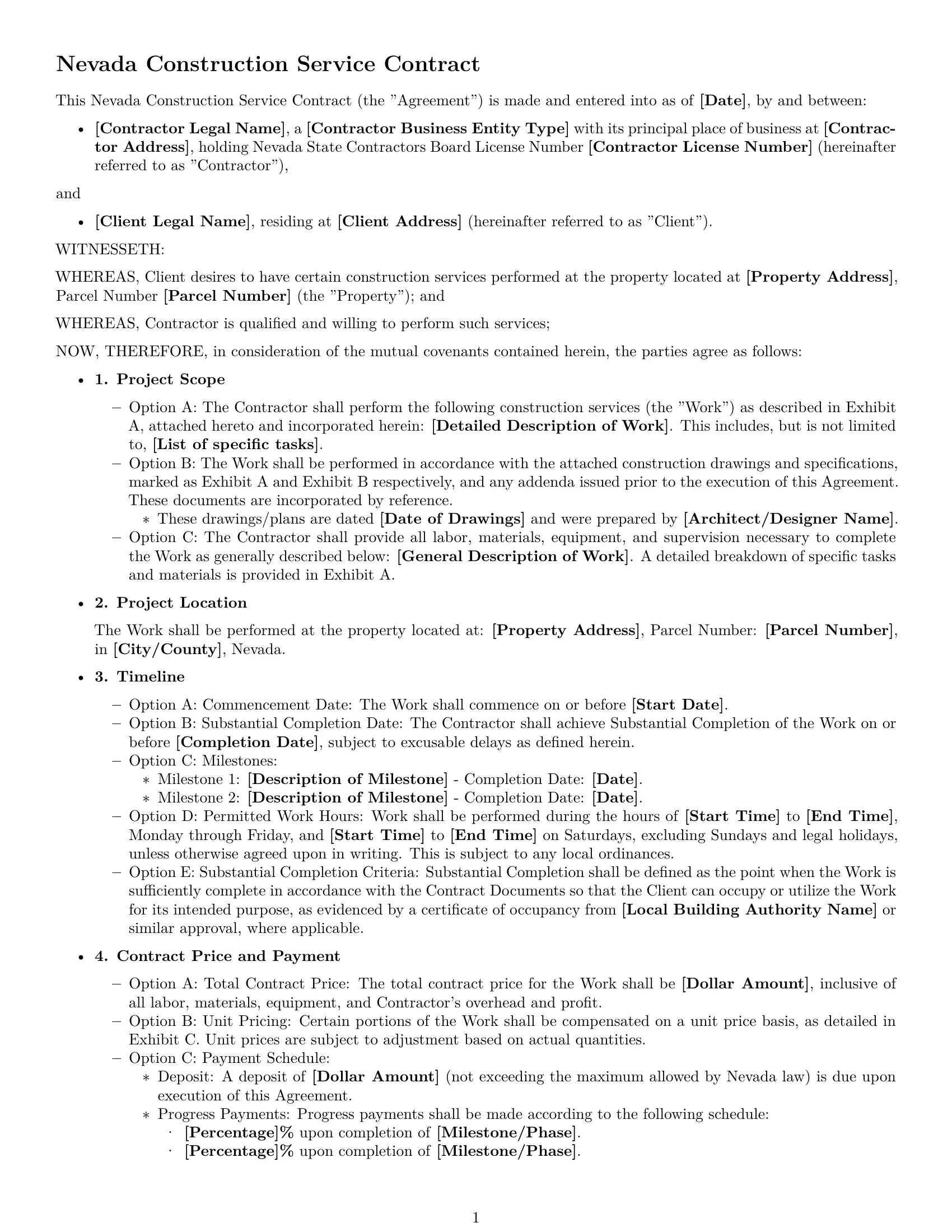Preview page 1 of Free Nevada construction service contract template