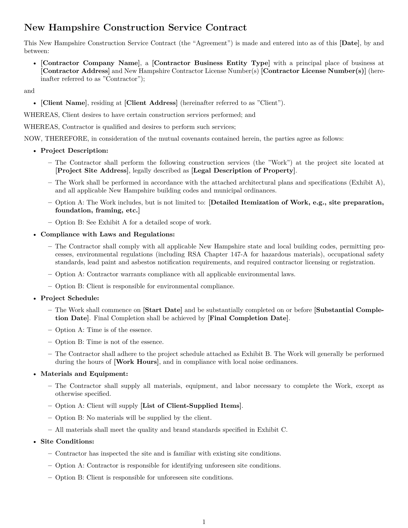 Preview page 1 of Free New Hampshire construction service contract template