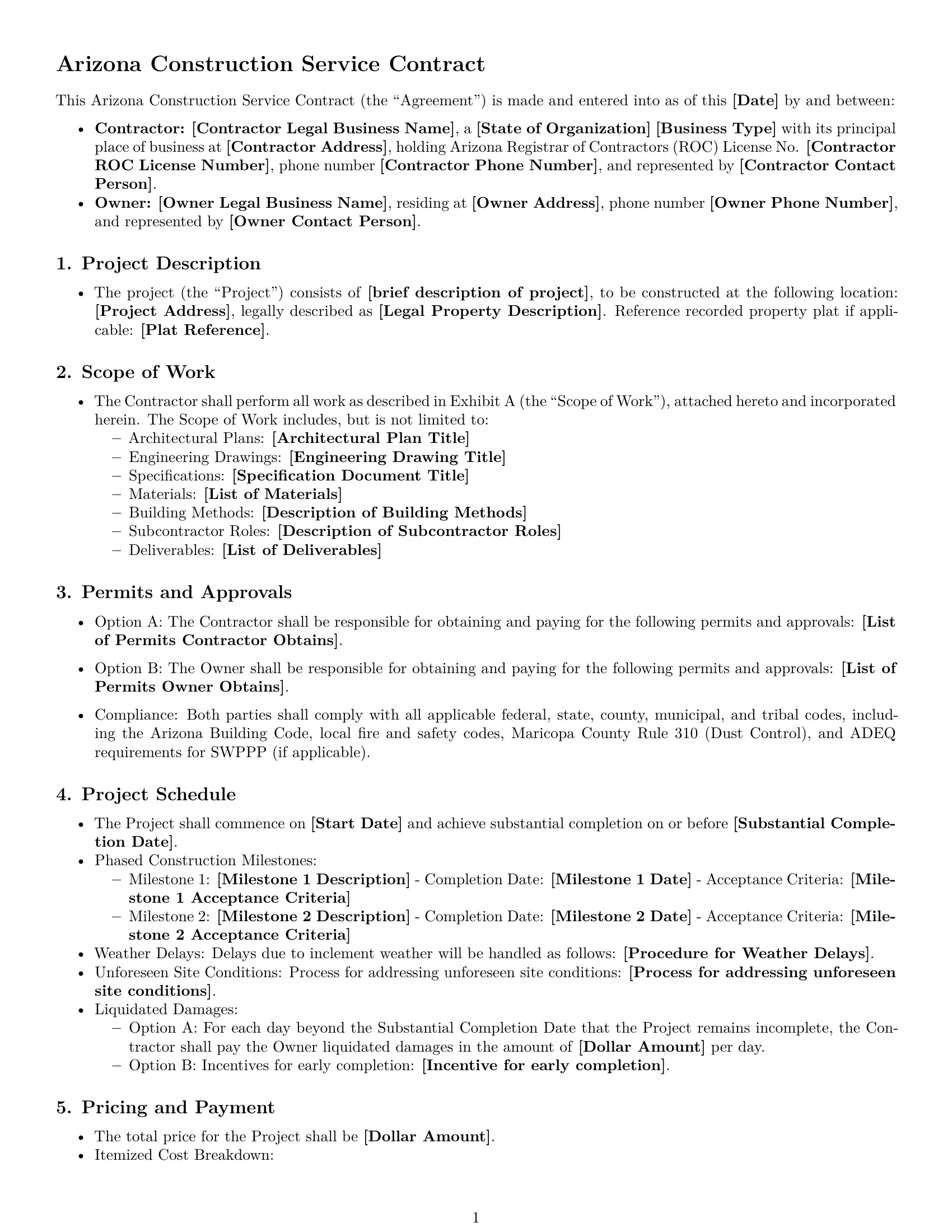 Preview page 1 of Free Arizona construction service contract template