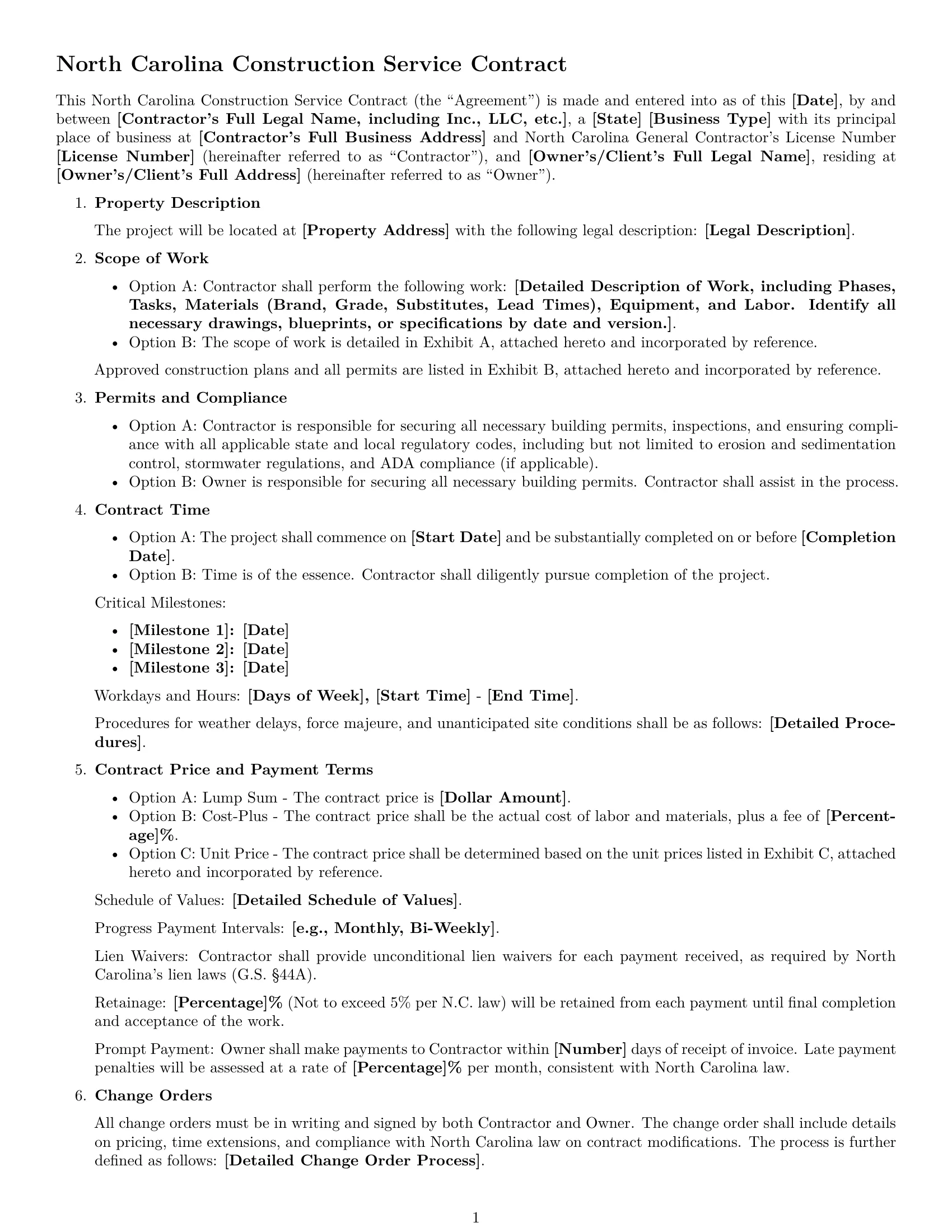 Preview page 1 of Free North Carolina construction service contract template