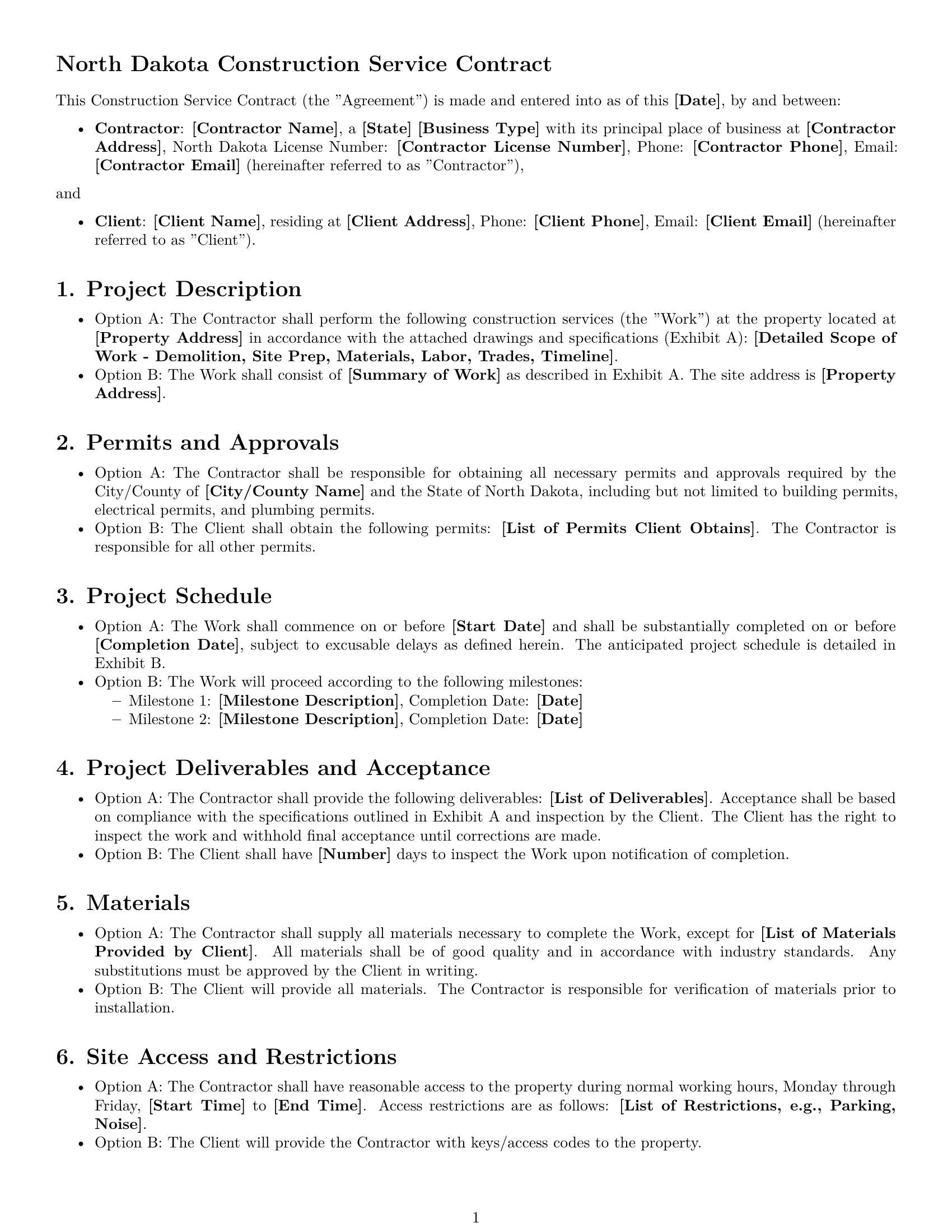 Preview page 1 of Free North Dakota construction service contract template