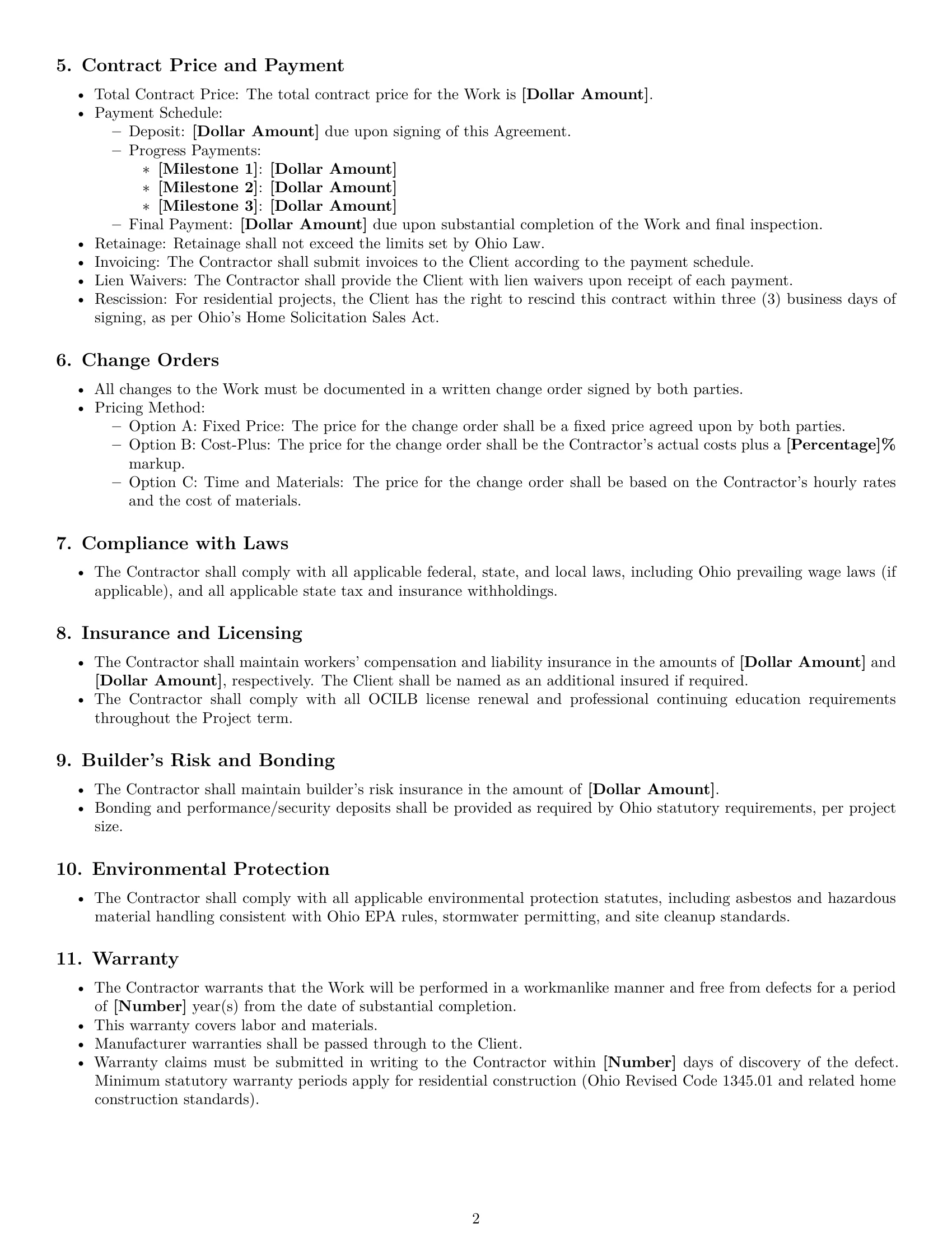 Preview page 2 of Free Ohio construction service contract template