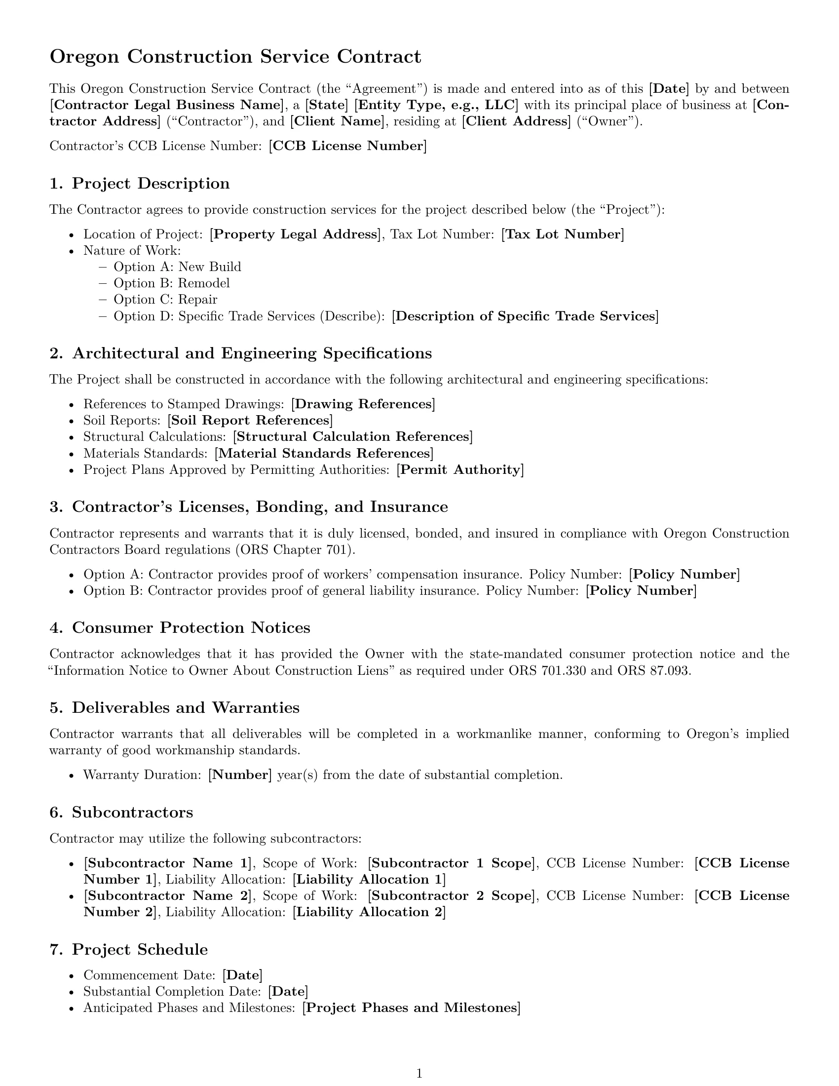 Preview page 1 of Free Oregon construction service contract template