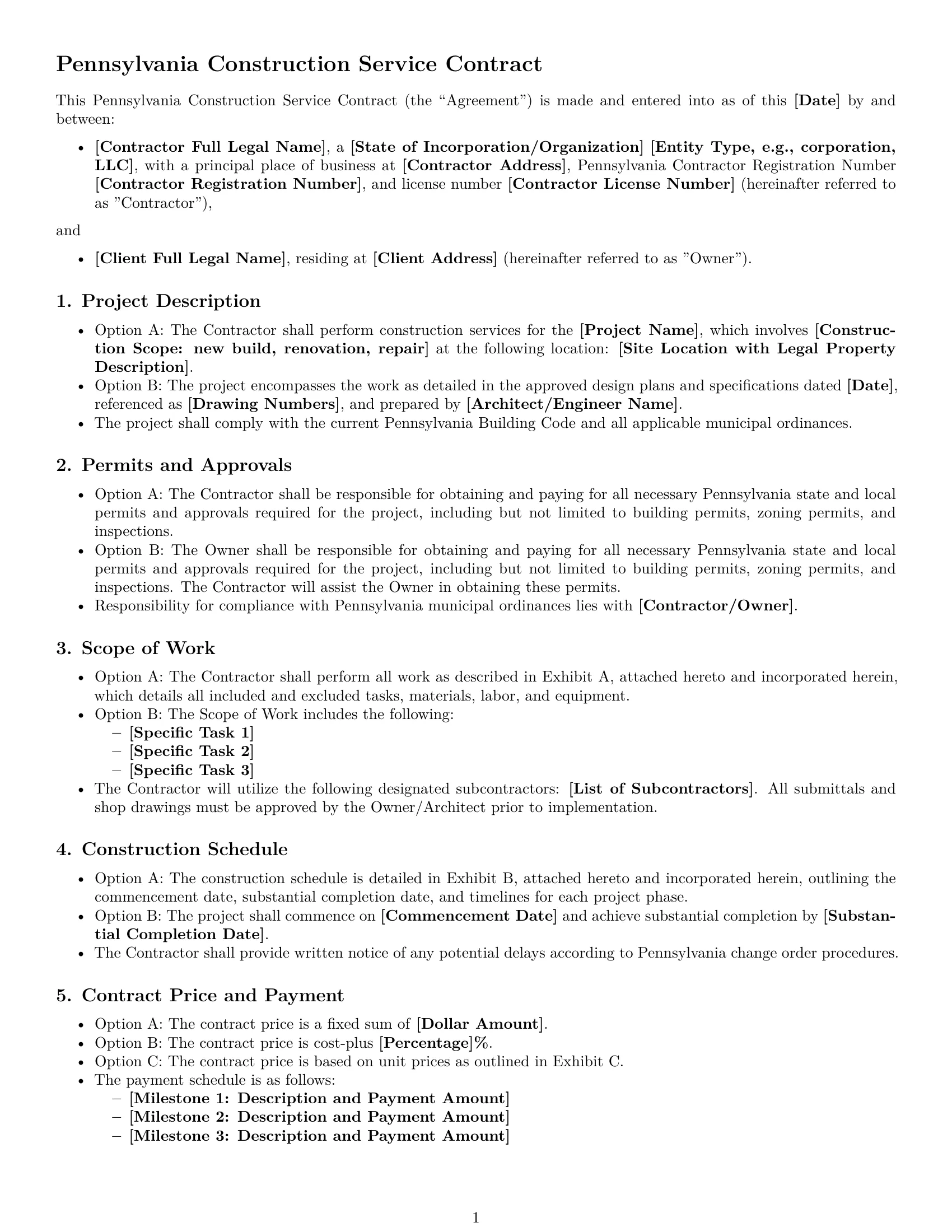 Preview page 1 of Free Pennsylvania construction service contract template