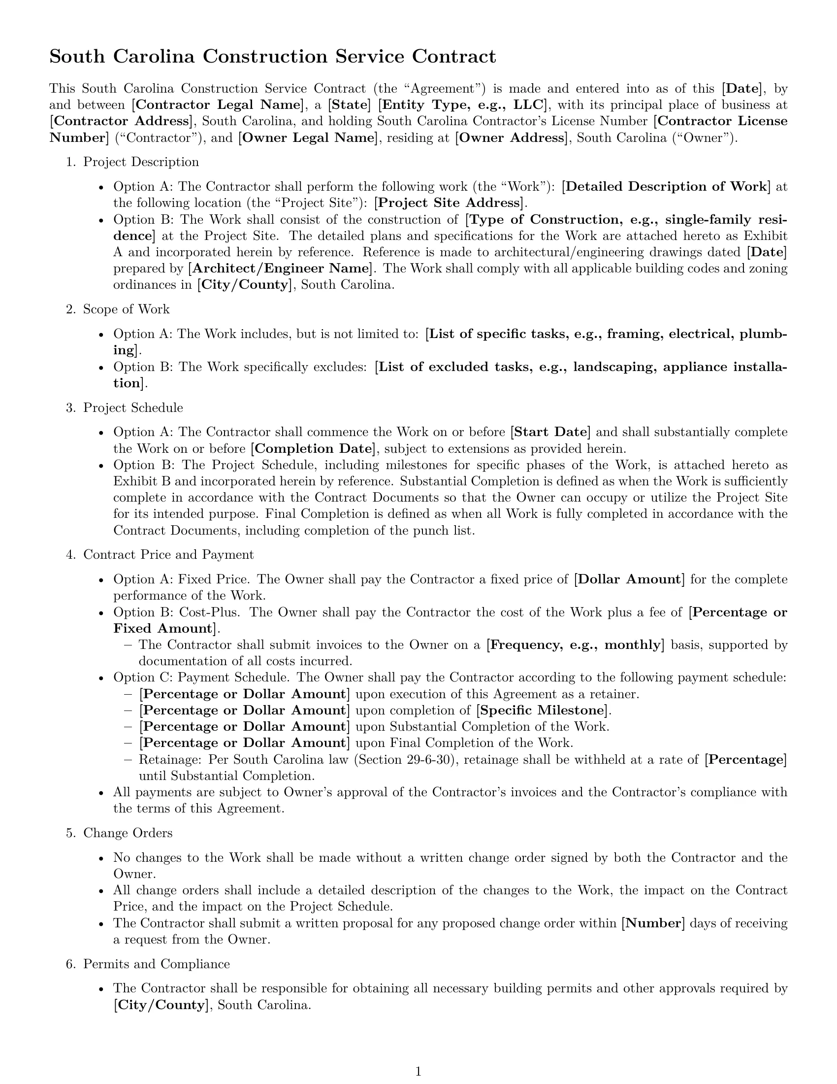 Preview page 1 of Free South Carolina construction service contract template