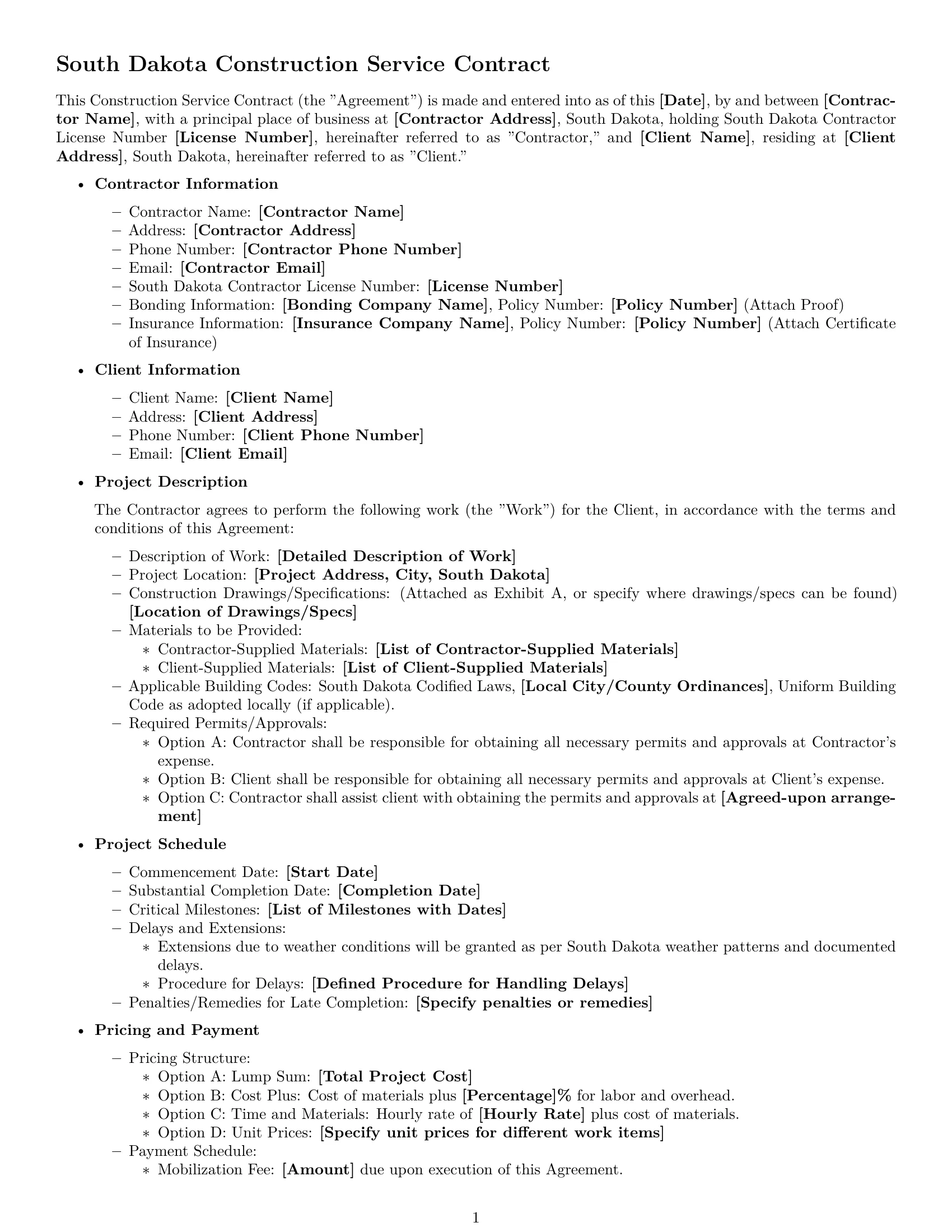 Preview page 1 of Free South Dakota construction service contract template