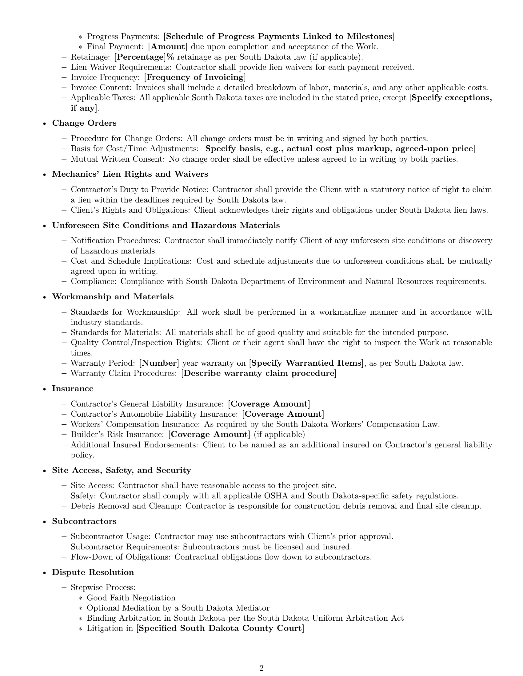 Preview page 2 of Free South Dakota construction service contract template
