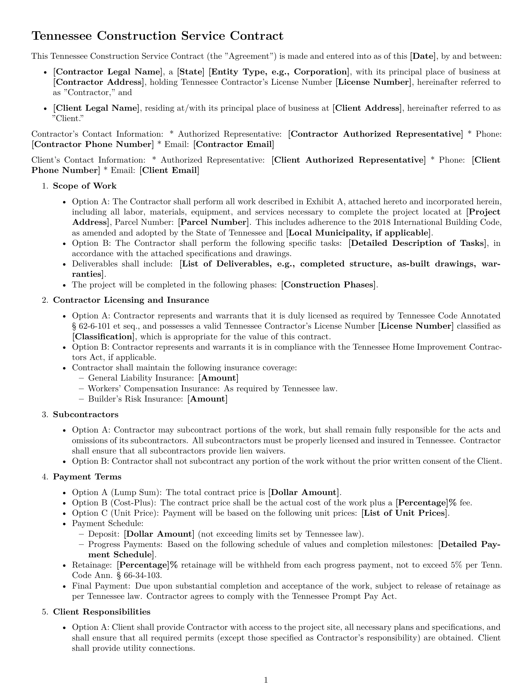Preview page 1 of Free Tennessee construction service contract template