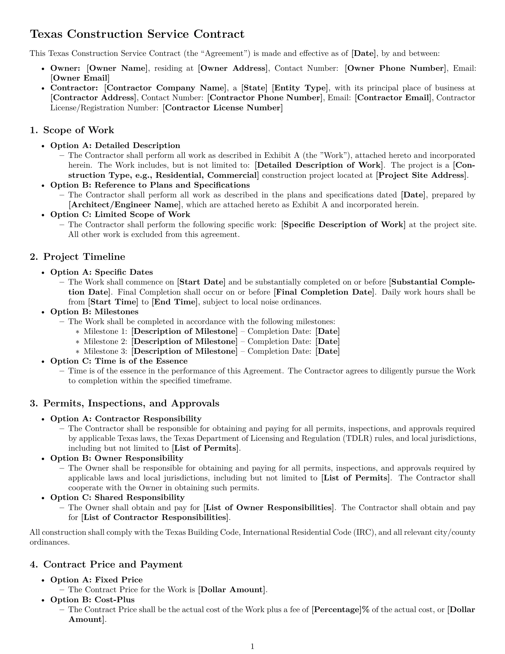 Preview page 1 of Free Texas construction service contract template
