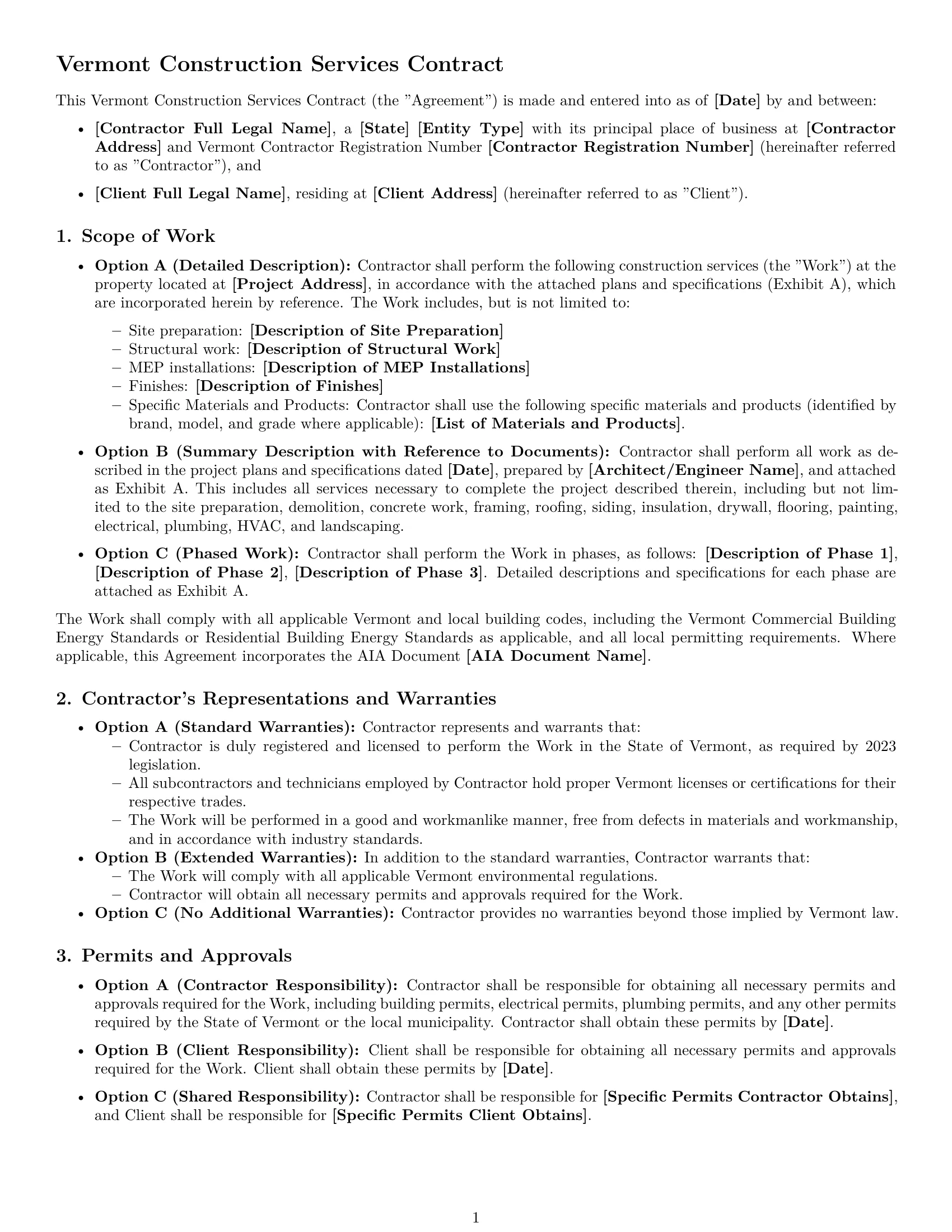Preview page 1 of Free Vermont construction service contract template