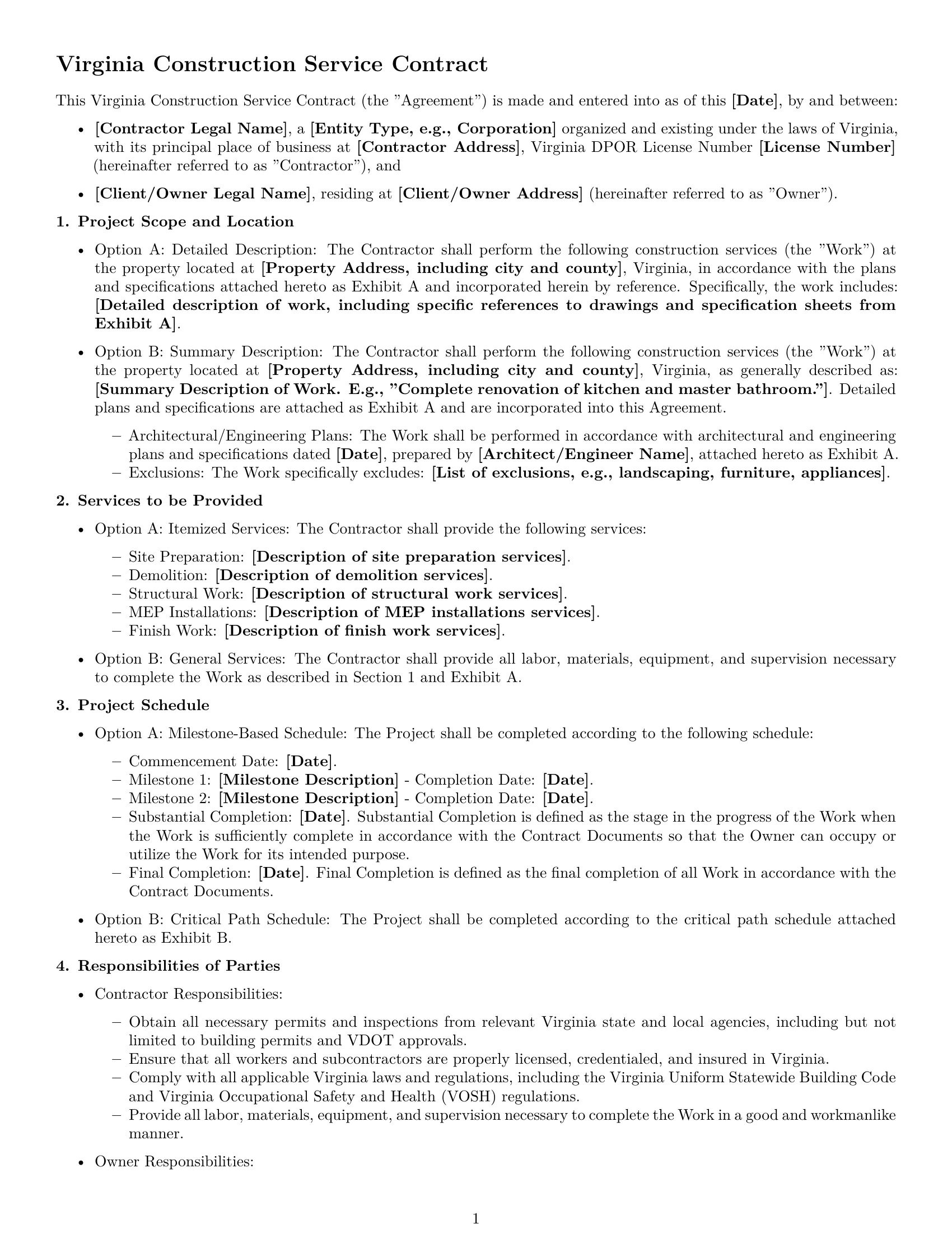 Preview page 1 of Free Virginia construction service contract template