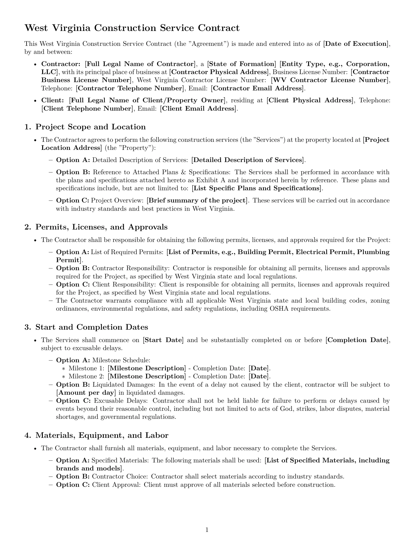 Preview page 1 of Free West Virginia construction service contract template