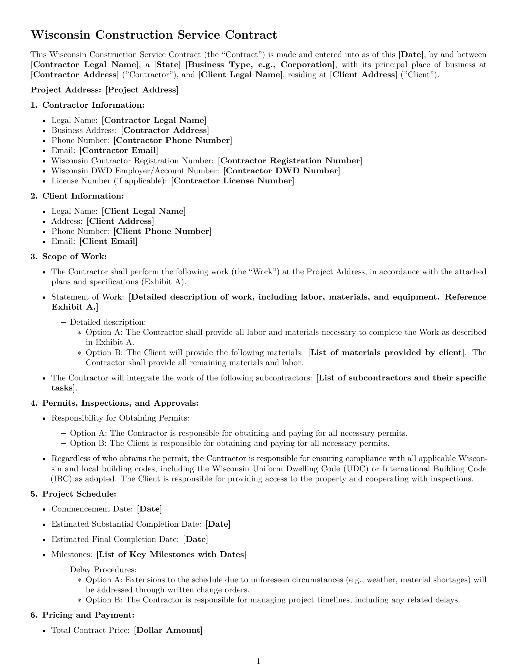Preview page 1 of Free Wisconsin construction service contract template