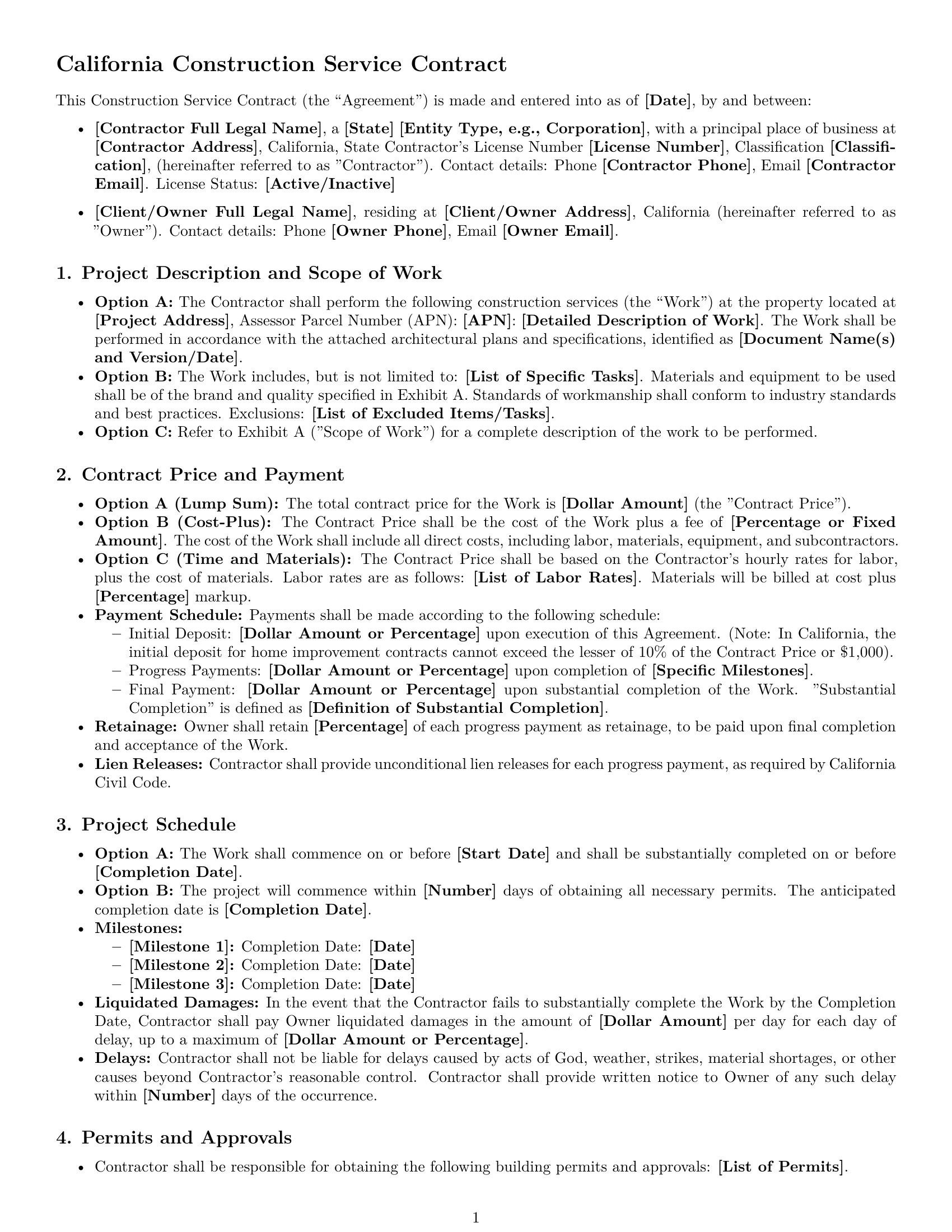 Preview page 1 of Free California construction service contract template