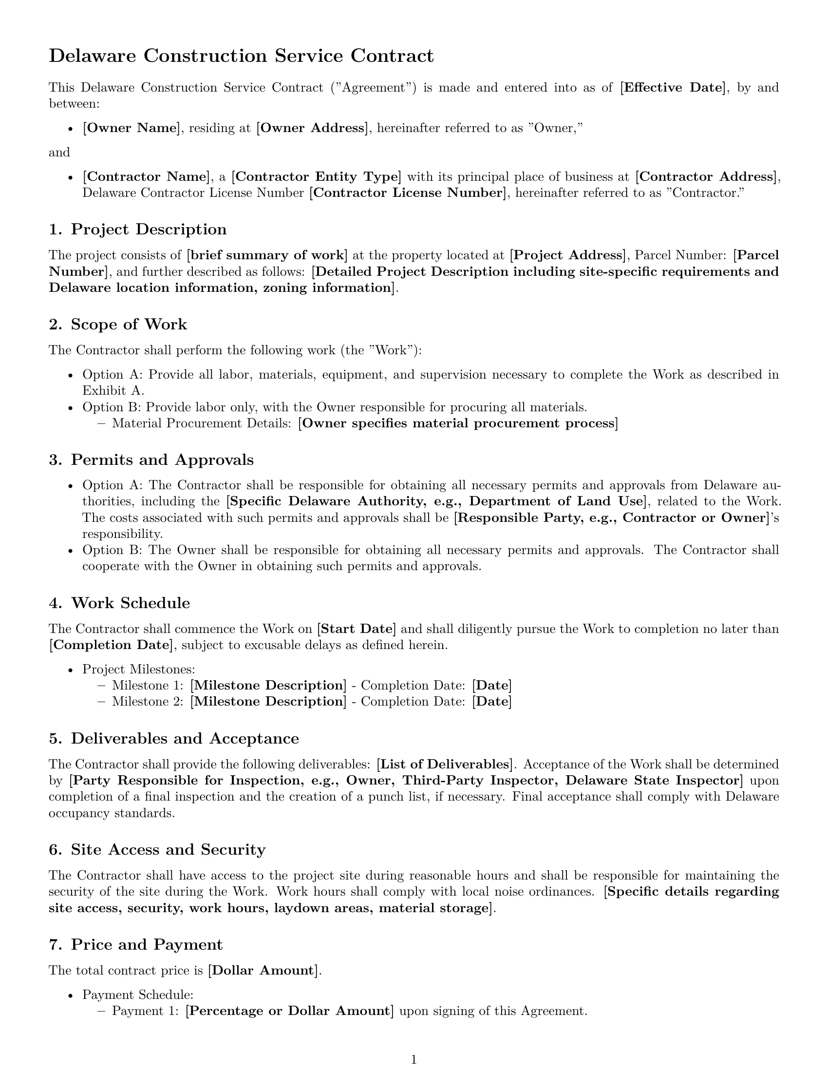 Preview page 1 of Free Delaware construction service contract template