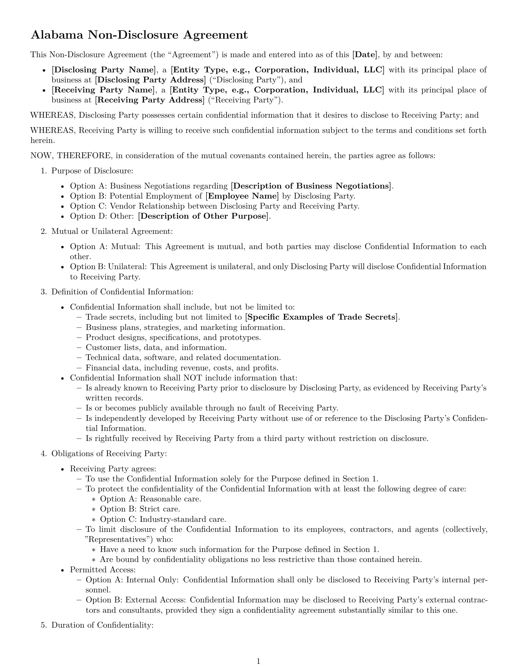 Preview page 1 of Free Alabama nda template