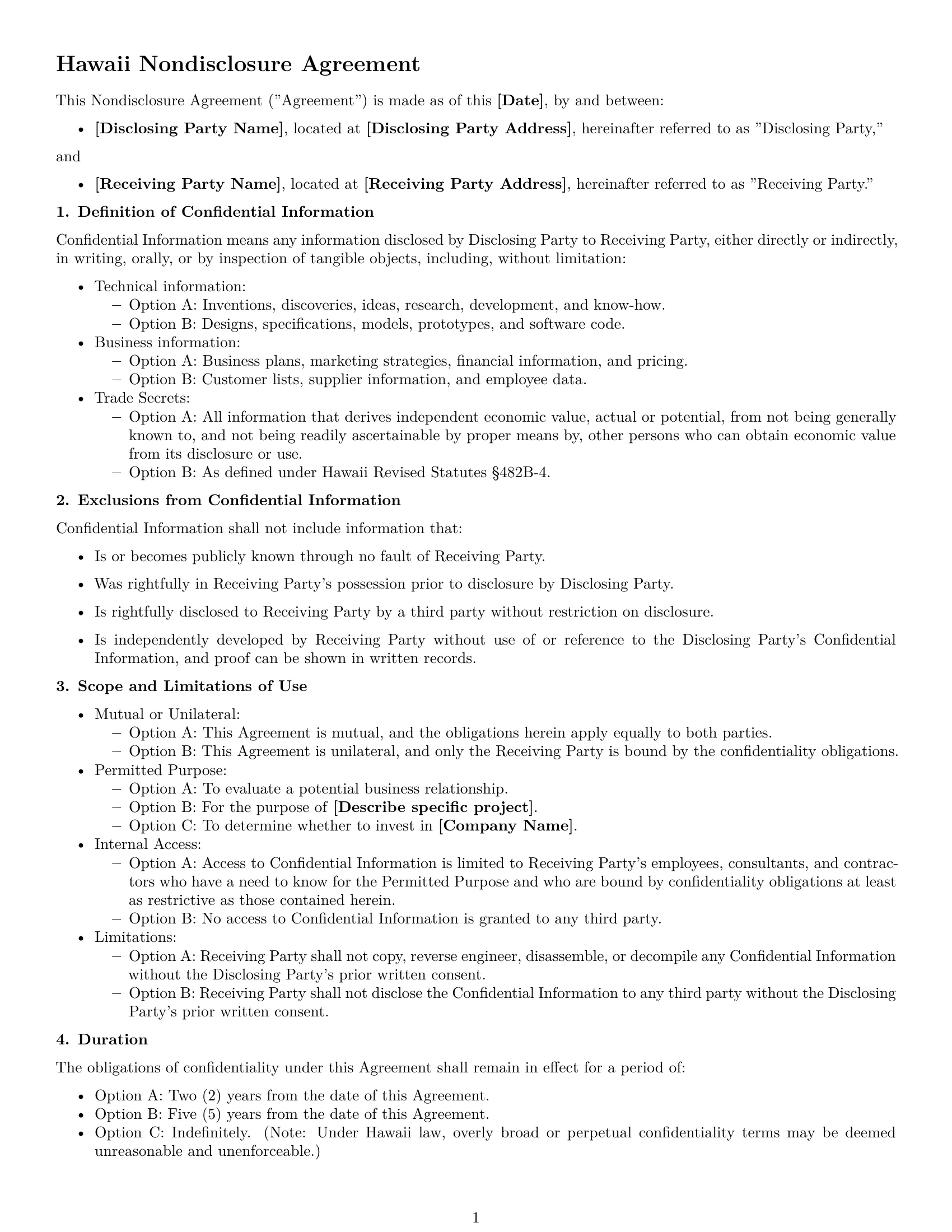 Preview page 1 of Free Hawaii nda template