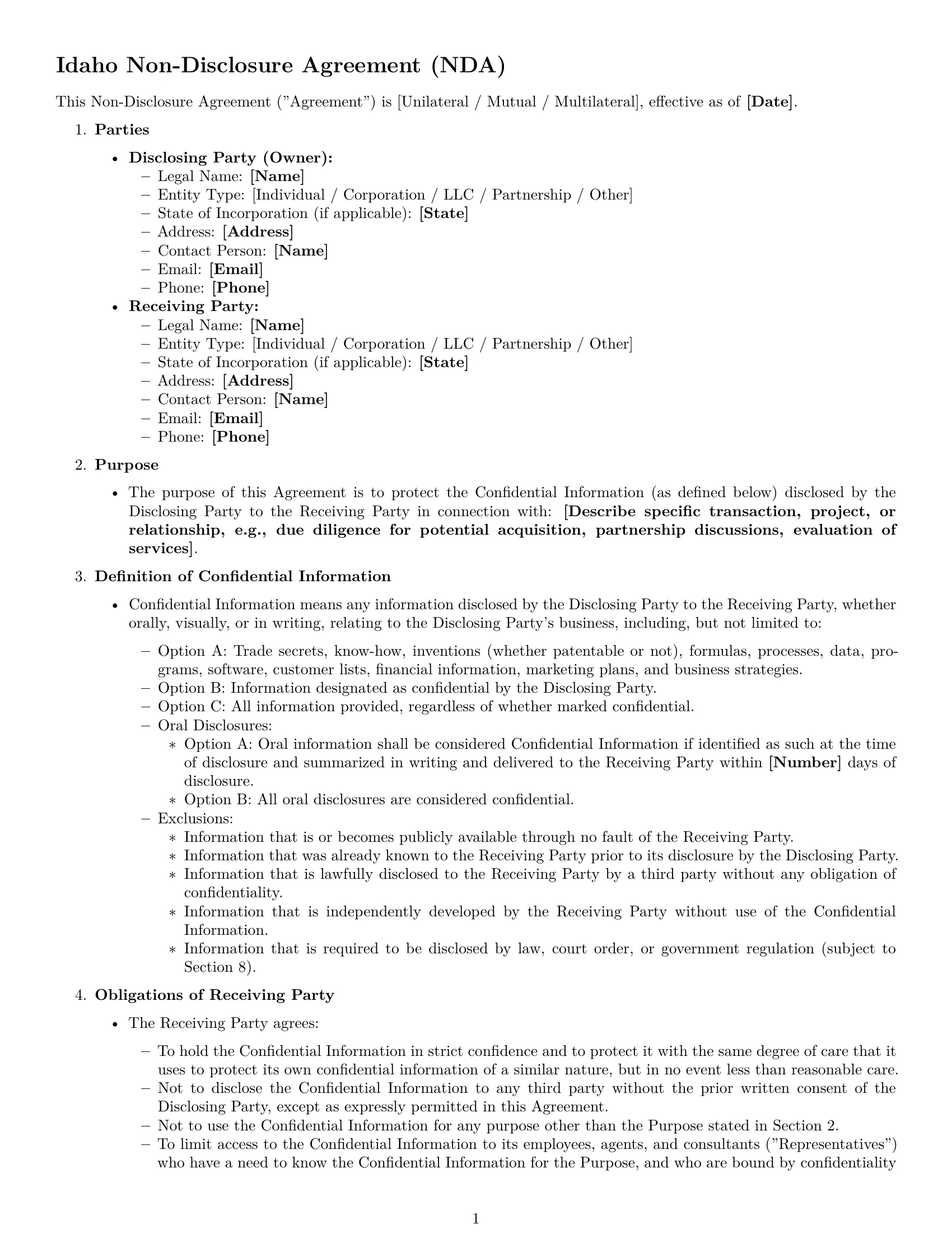Preview page 1 of Free Idaho nda template