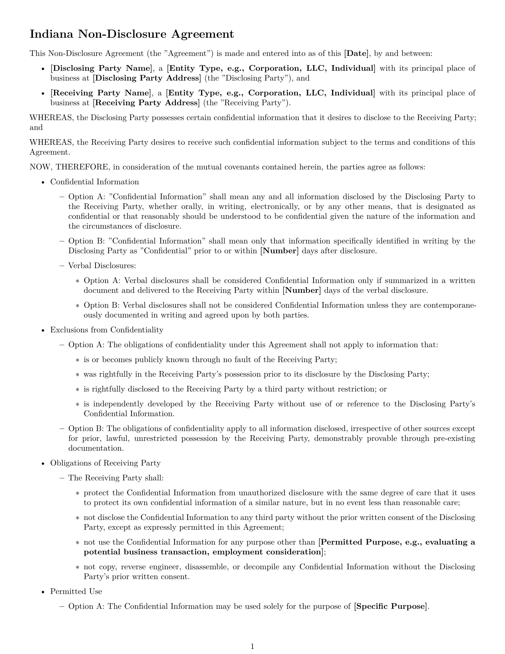 Preview page 1 of Free Indiana nda template