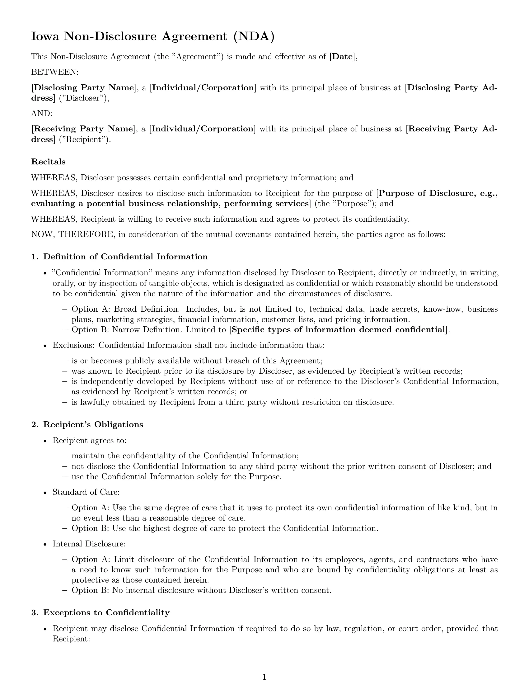 Preview page 1 of Free Iowa nda template