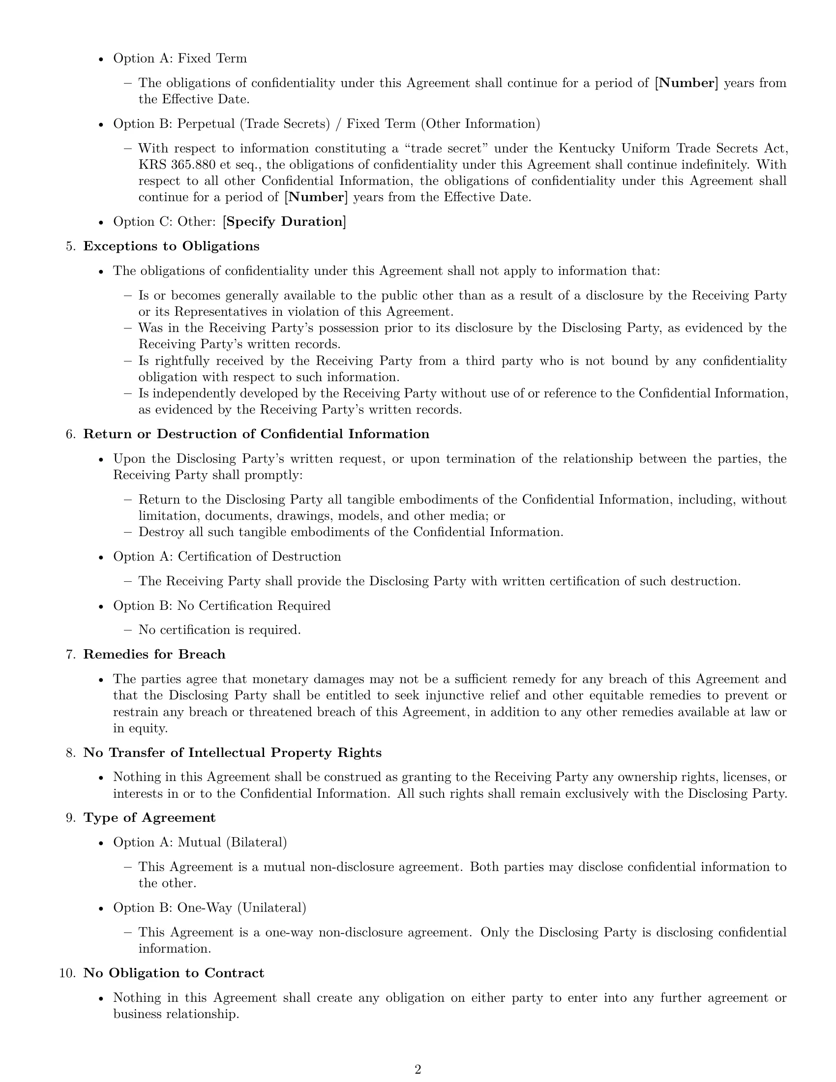 Preview page 2 of Free Kentucky nda template